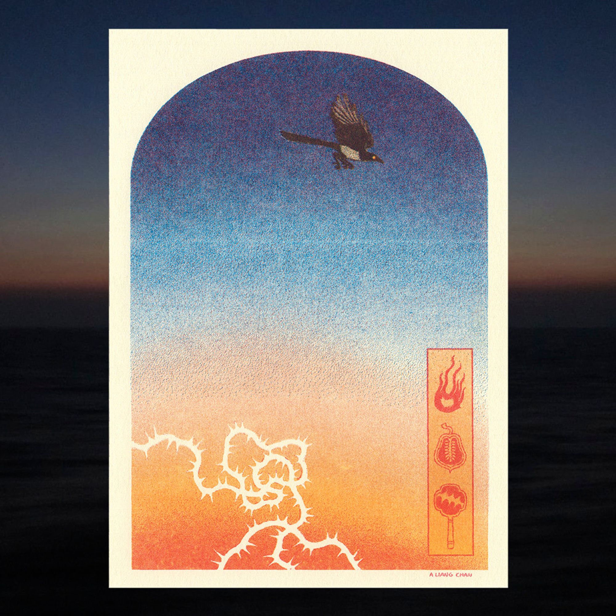 a riso print: a 3-legged magpie flies across a window shaped frame, yellow-orange sunset hues fading into twilight blue. a frame in the corner shows a handheld mirror, a strange fruit, and flames.