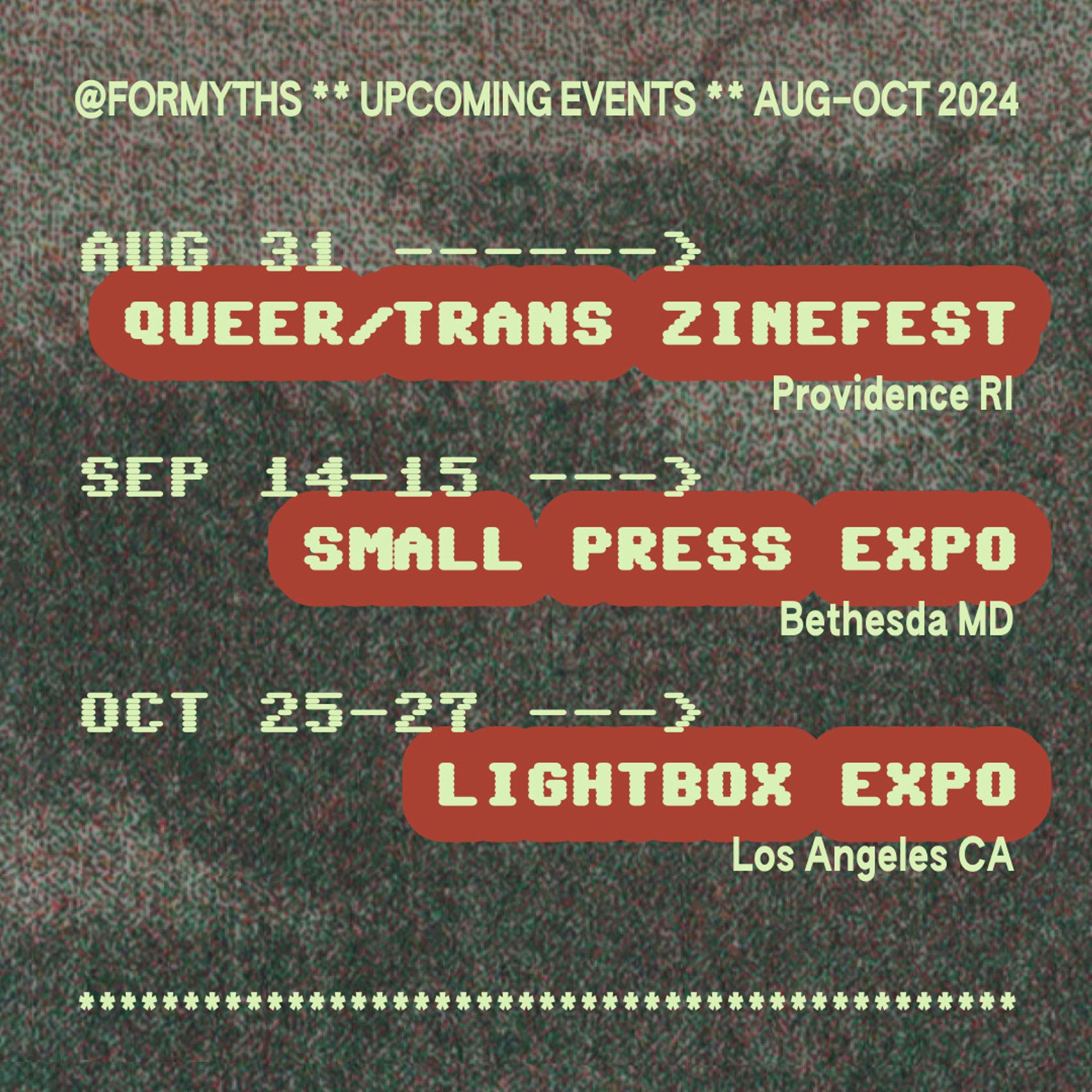 full text in post - graphic listing upcoming events in light yellow text against burnt orange cutouts, over a riso print texture