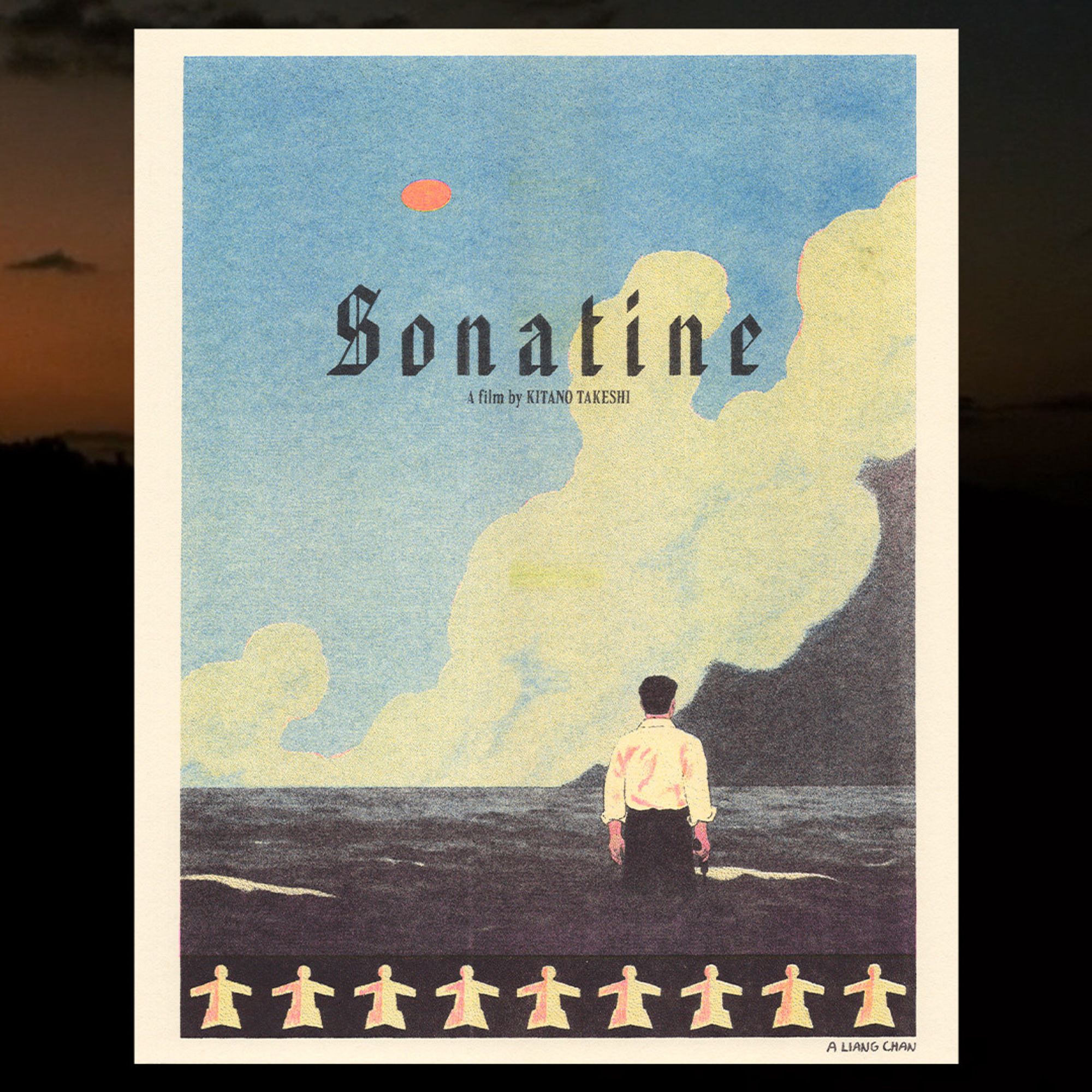 a riso printed illustrated film poster for Sonatine, a film by Kitano Takeshi: a man in a white button up, a gun in one hand, stands knee-deep in the sea, facing towards towering clouds in muted greens & blues. an orange frisbee hangs above, and a border of paper wrestlers stand beneath