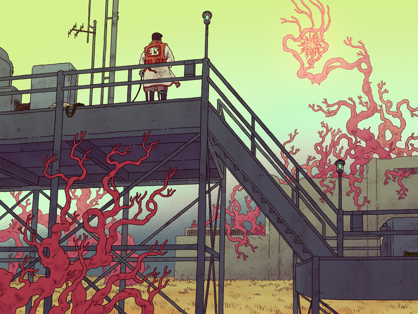 an illustration: a utilitarian platform rises from a field, equipment and antenna sprouting off of it. a person in an orange vest & long coat stands on it, gazing at a ruined concrete structure in the distance. red-pink fungi-like tendrils rise through it, supporting a star-like growth in the yellow sky.