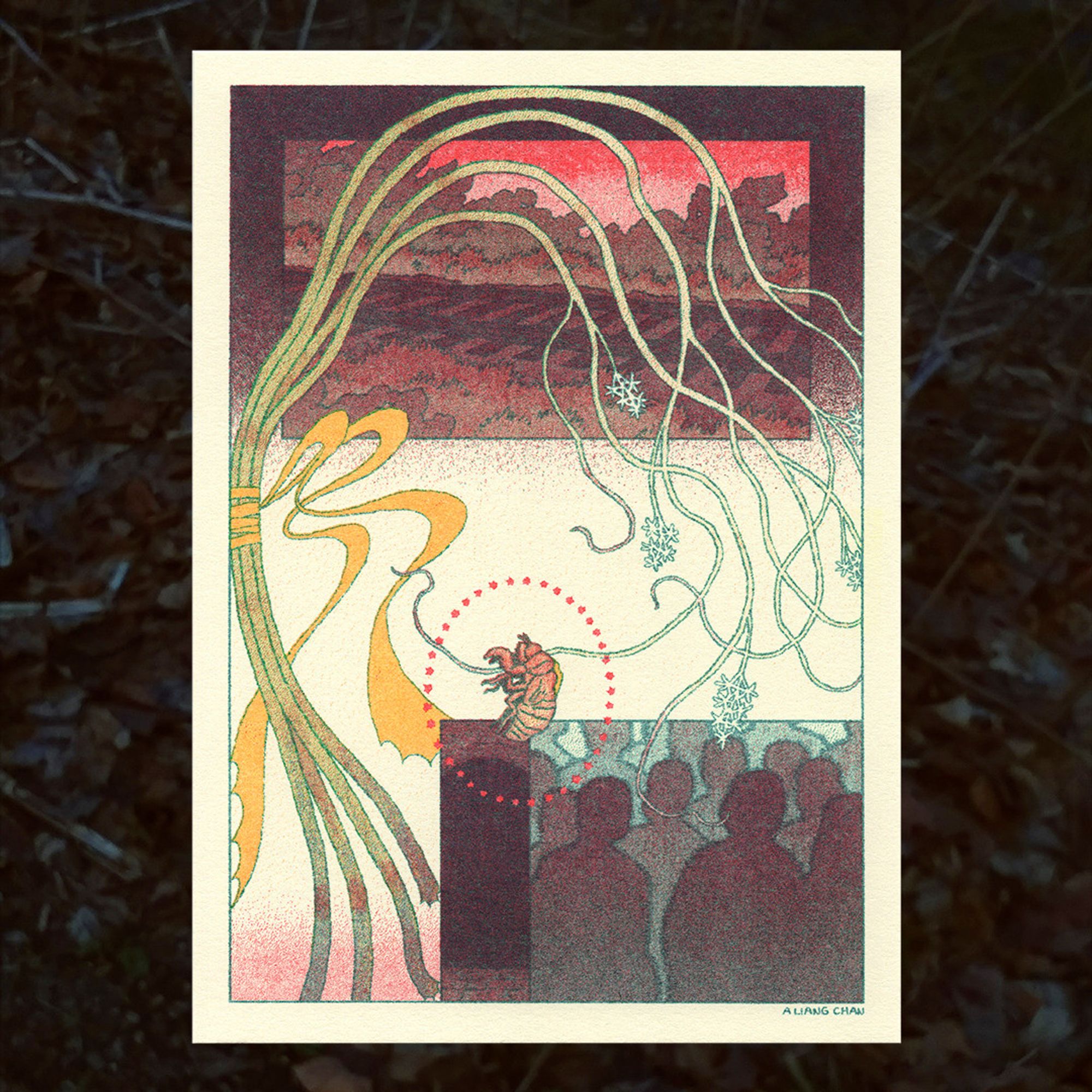 a riso print with a collection of images: a molted cicada shell and a bundle of plant stalks trailing off into tendrils & tied by a yellow ribbon over panels of train tracks surrounded by grass & trees under a reddish sky; the dark entrance to a tunnel; a shadowy crowd.