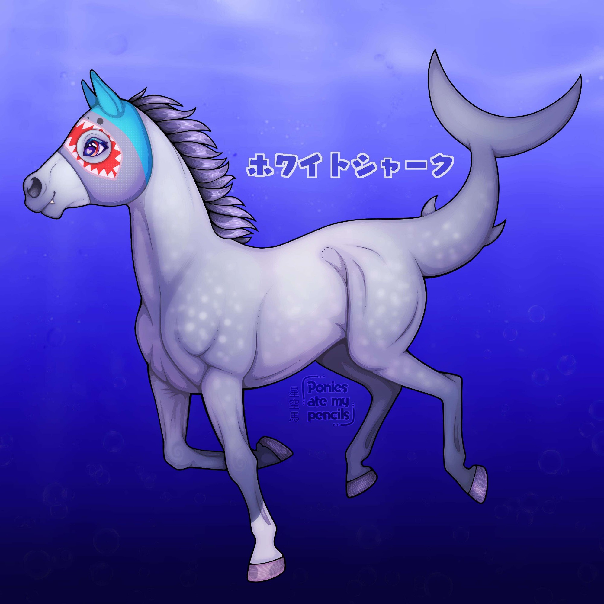 サメ馬として　日本の競走馬。
海の中で.

A Japanese racehorse as a shark horse.
In the ocean. 