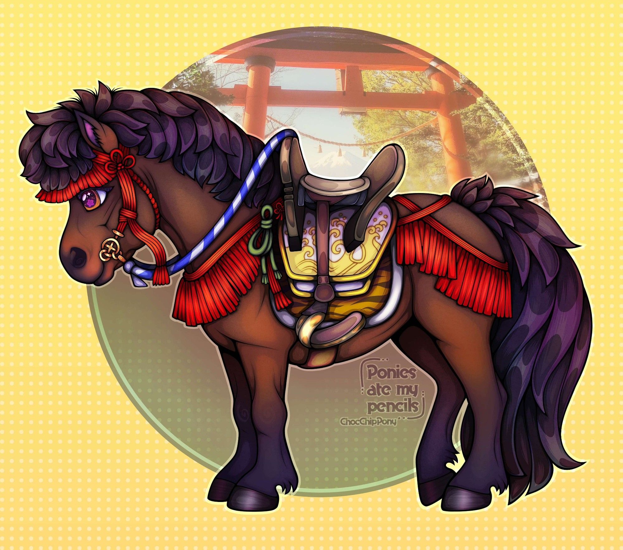 Drawing of a cartoon brown horse with fluffy mane wearing Samurai gear which looks traditional Japanese, red corded bridle, white and blue rope reins.