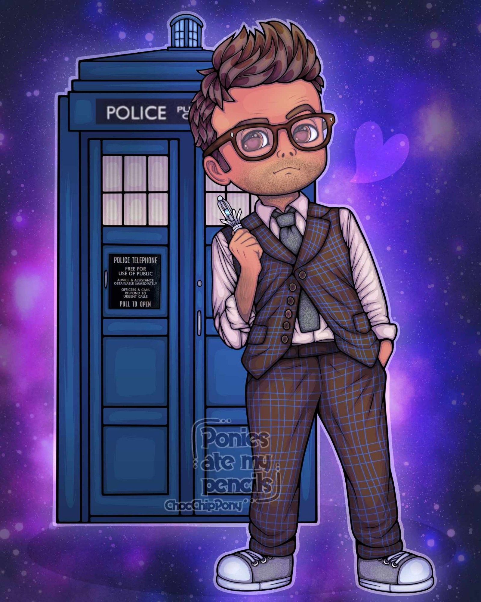 Drawing of David Tennant's version of The Doctor from Doctor Who holding his sonic screwdriver with his TARDIS (police box) behind him. In a space like background.