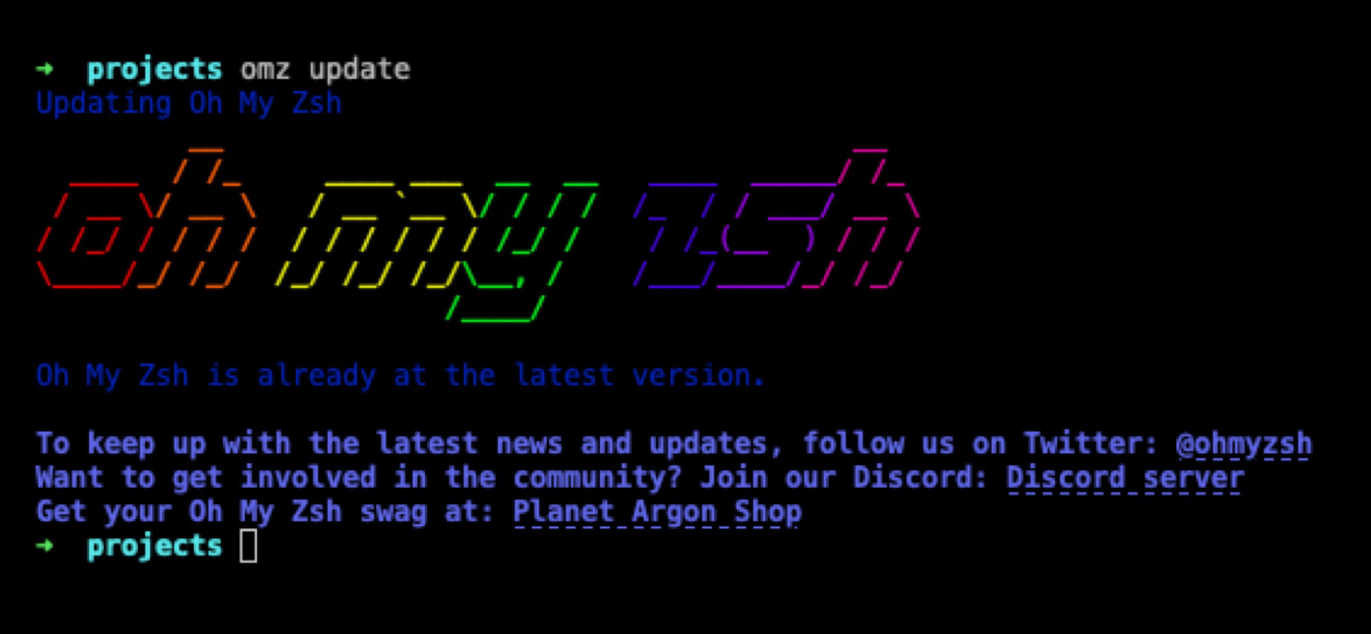 a print of the terminal prompt with the oh my zsh update screen displaying their logo in ascii art in rainbow colors