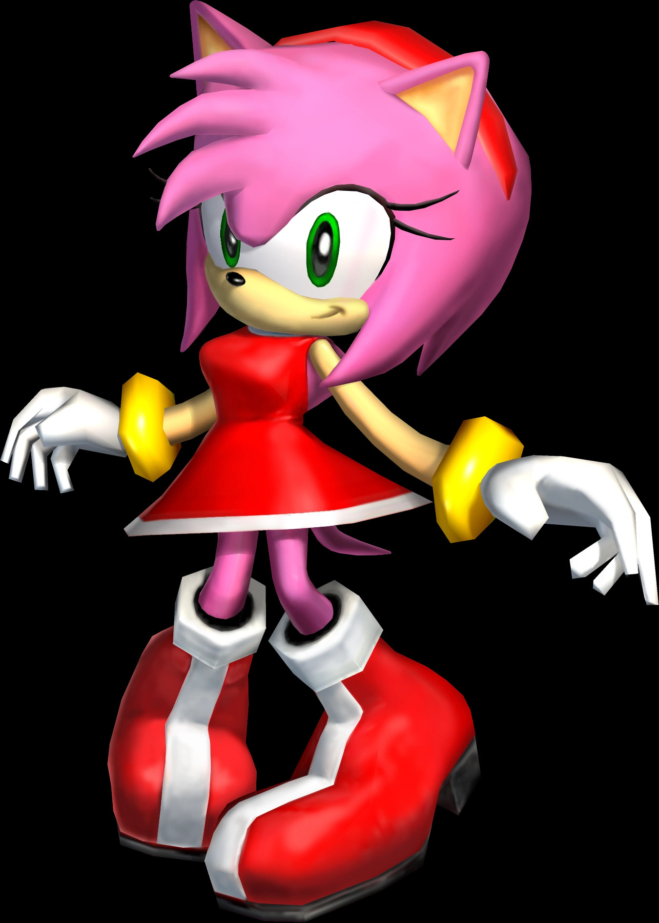 Amy Rose render from Sonic Adventure 2 for the SEGA Dreamcast, in which she is staring vacantly in the general direction of the viewer while smiling. Her arms are spread outward, her knees are turned inward, and her breasts are surprisingly large?