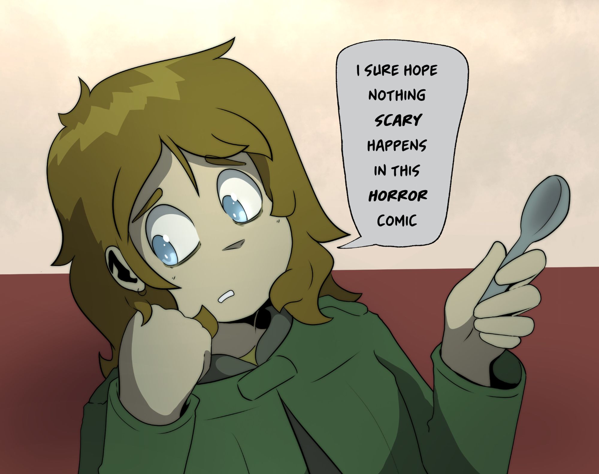 Grey saying I sure hope nothing scary happens in this horror comic while gesturing with a spoon