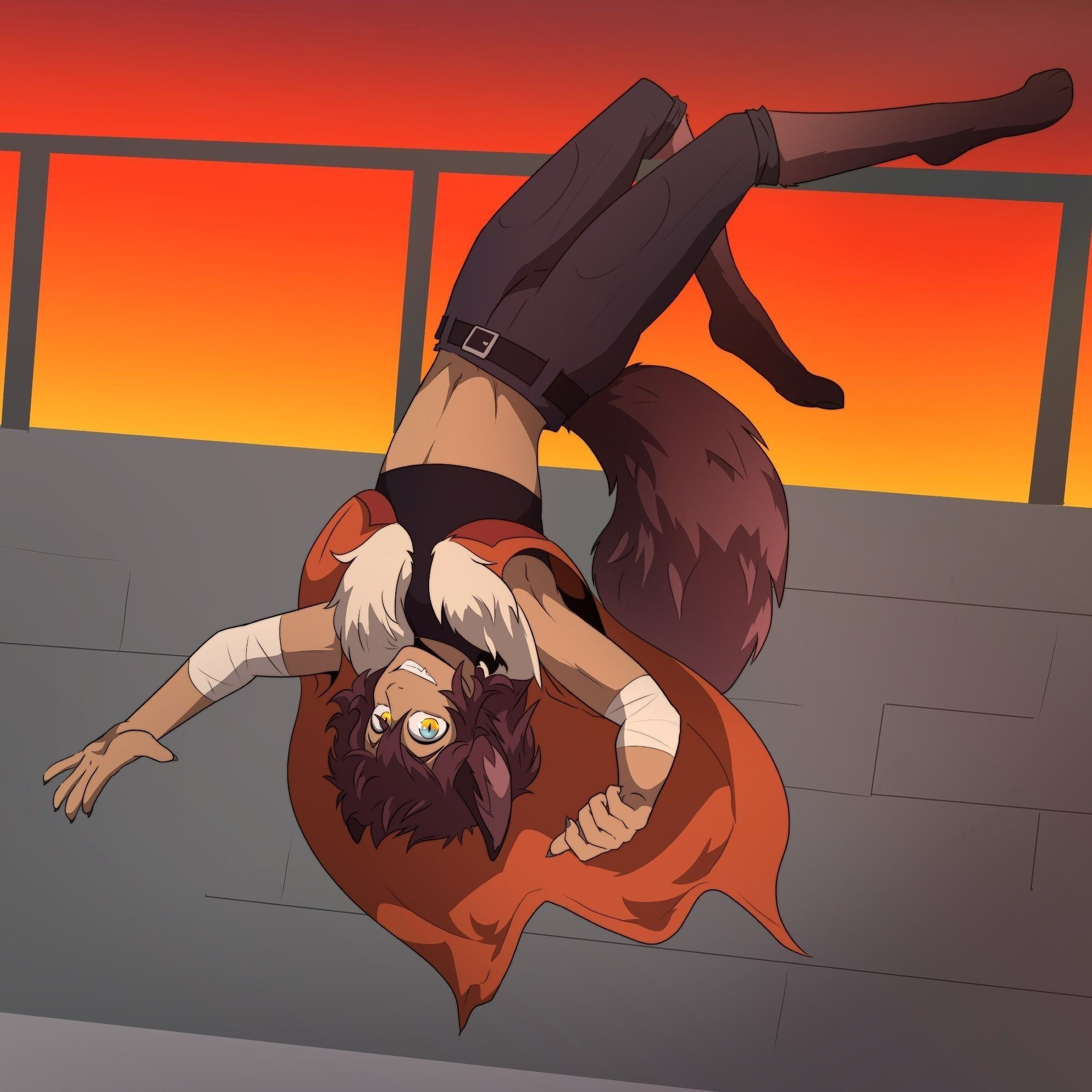 Alepou, flipping from a railing at sunset character belongs to @yob0t.bsky.social