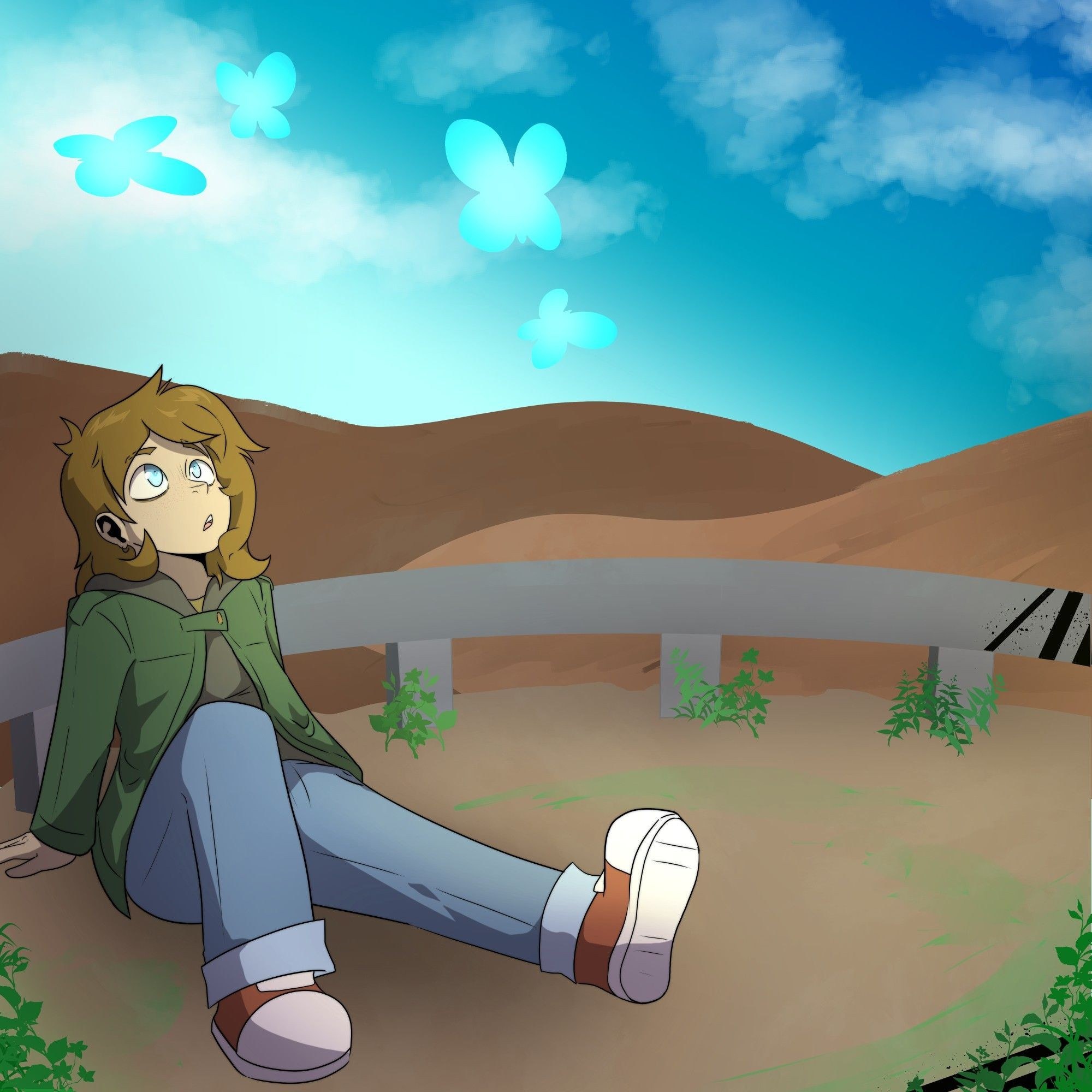 Grey sits by the side of the road, looking up at ethereal blue butterflies