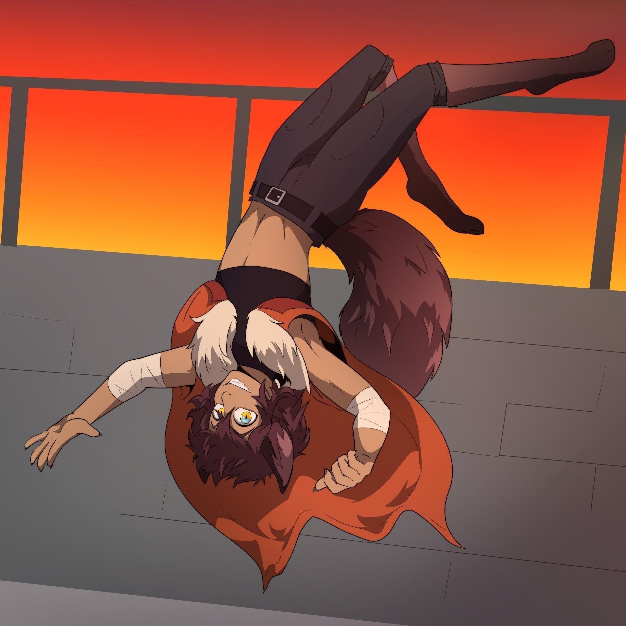 Alepou, flipping from a railing at sunset. character belongs to @yob0t.bsky.social