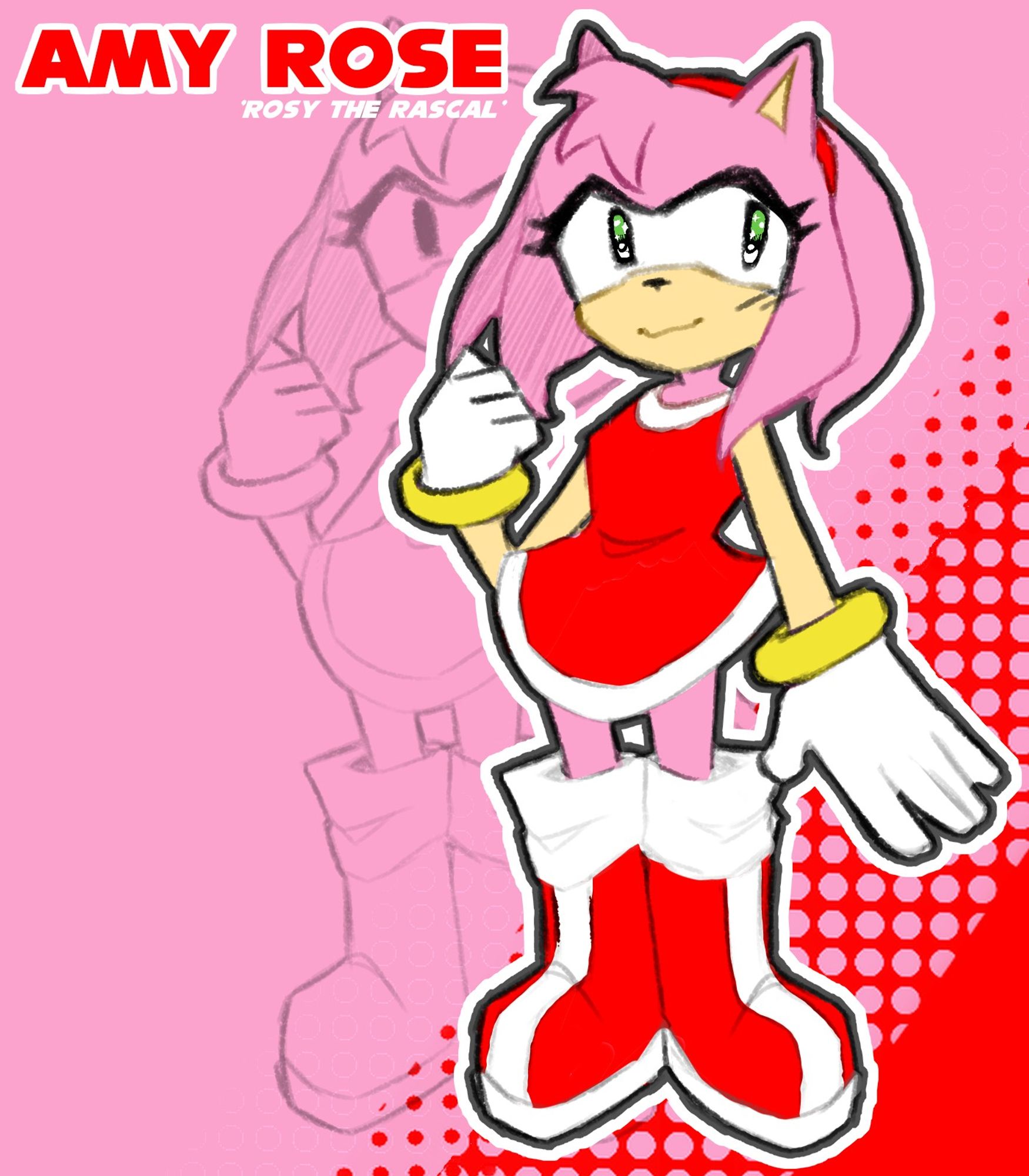 digital illustration of Amy Rose from the Sonic the Hedgehog franchise. She is drawn against a pink background with red highlights. 
There is text on the top left saying her name and a smaller text text saying "Rosy the Rascal"