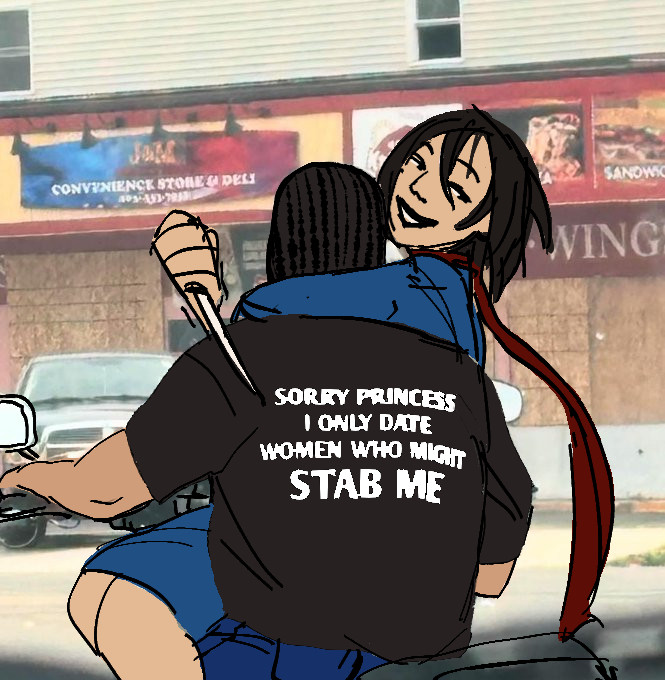 a drawover of a meme image of a man on a motorcycle facing away from the viewer wearing a shirt that says "sorry princess i only date women who might stab me". on  his lap is a woman with medium length hair, a blue dress, and a red scarf on, she reaches over his shoulder with a knife and looks behind him with a smile.