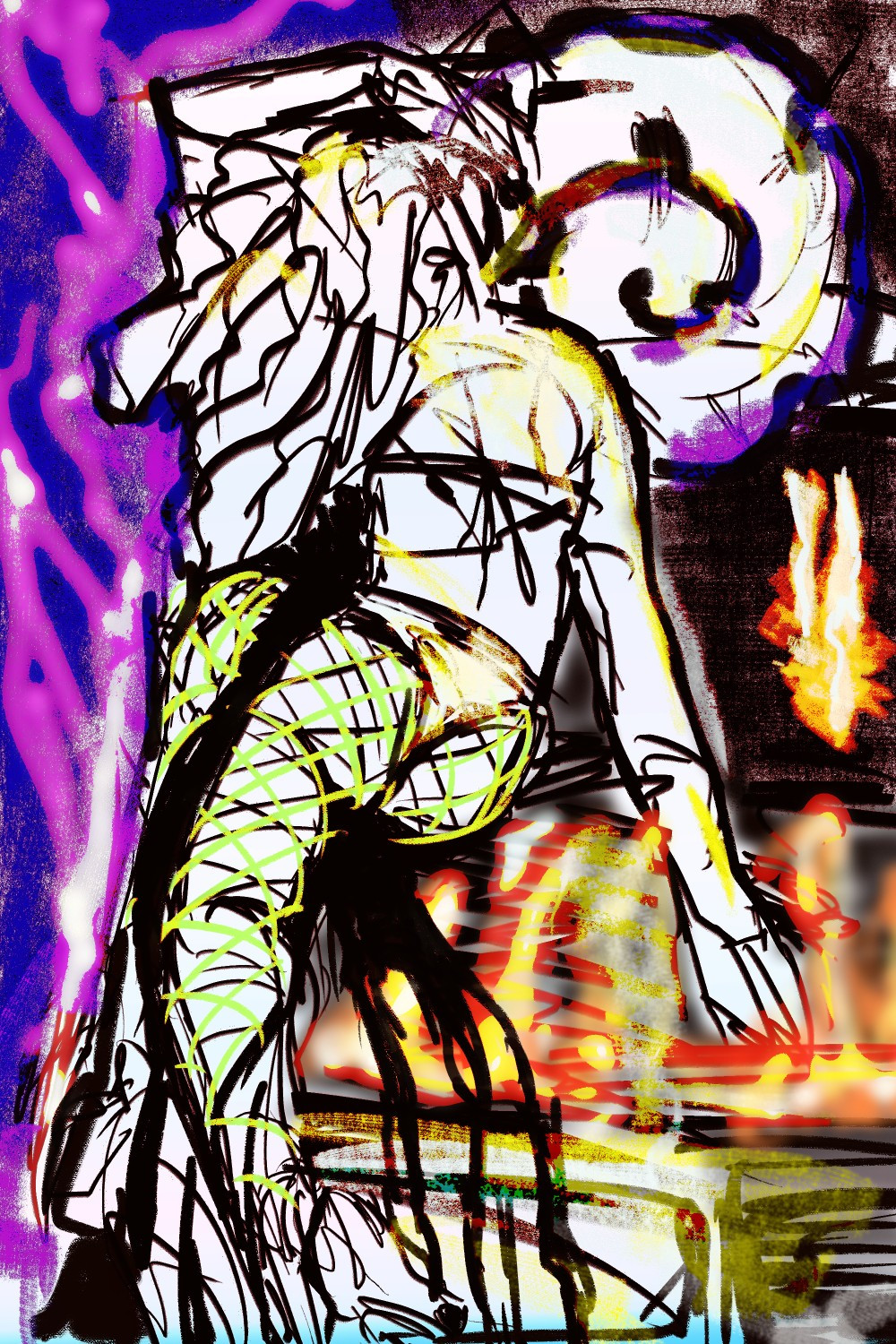 A car model, dressed in neon loose-knit fishnet tights, heels, and a gold lamé bathing suit poses atop a car painted to look on fire. The figure faces away, reaching over the top of their head with their left arm to pull their hair over their shoulder. Inside the car, a figure in the complete dark is on fire. There is a large jagged spiral emerging from the side of the car model’s head, and eerie black discharge seeps from their genitals and down the car hood, dripping across the headlamp.