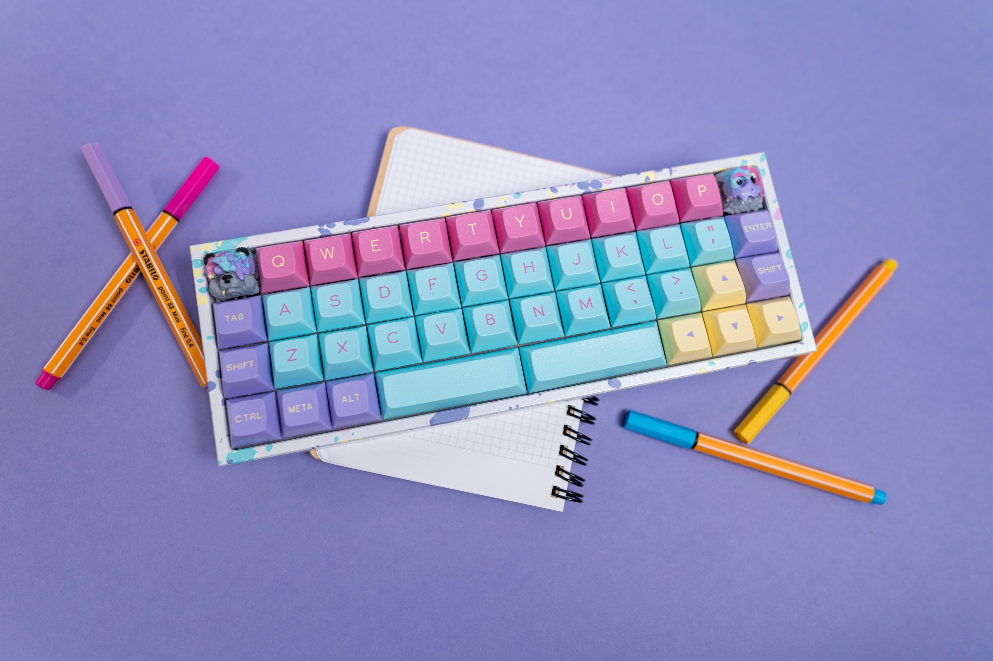 Small ortho keyboard called the Gridiron that has retro keycaps on top of school supplies