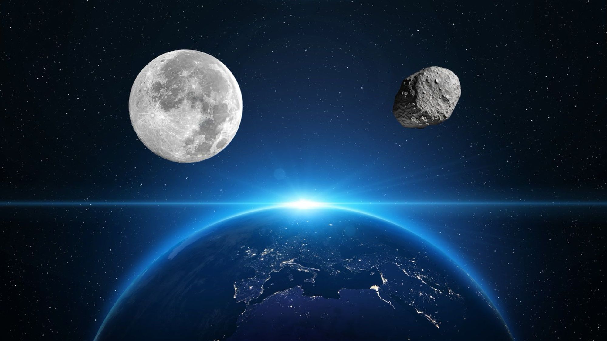 Rendered satellite view of the Earth, with the Moon and a meteorite floating above