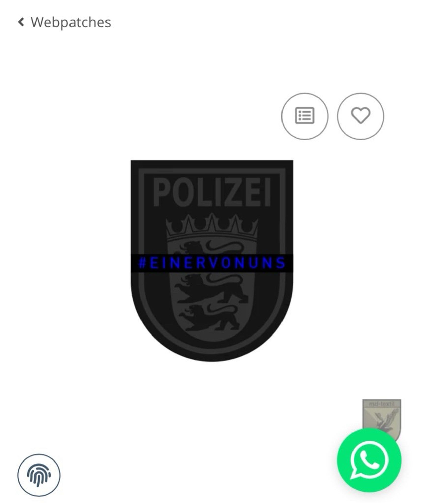 Screenshot Webshop 2. Patch mit Wappen des Landes BaWü, dem Schriftzug "Polizei" und dem als Thin Blue Line gestalteten Hashtags "EINERVONUNS"