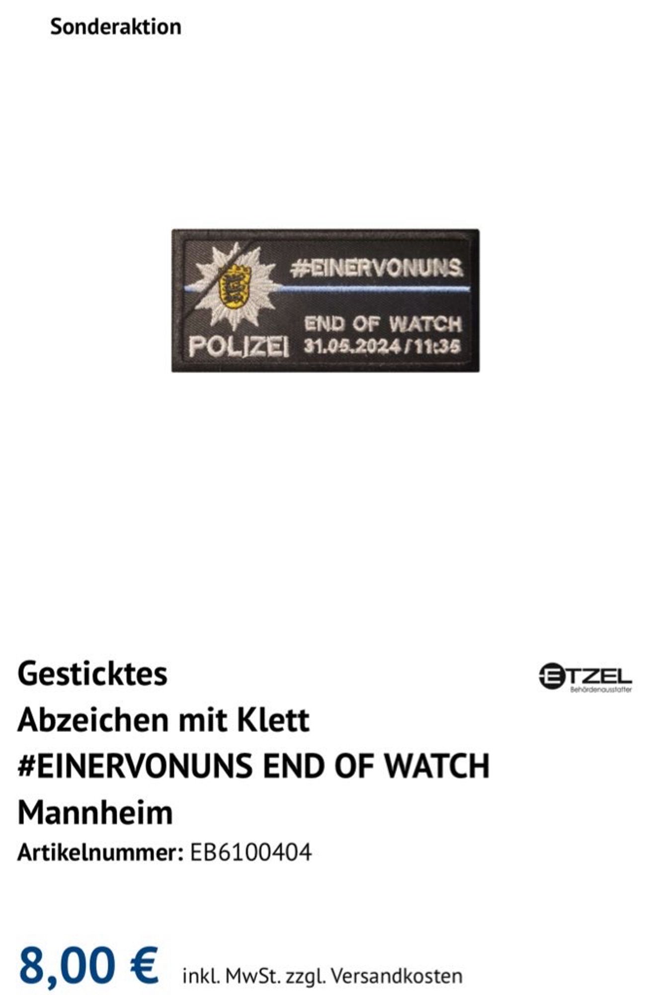 Screenshot Webshop 1. Patch mit Polizeistern BaWü mit ThinBlueLine und Hashtag "Einervonuns"