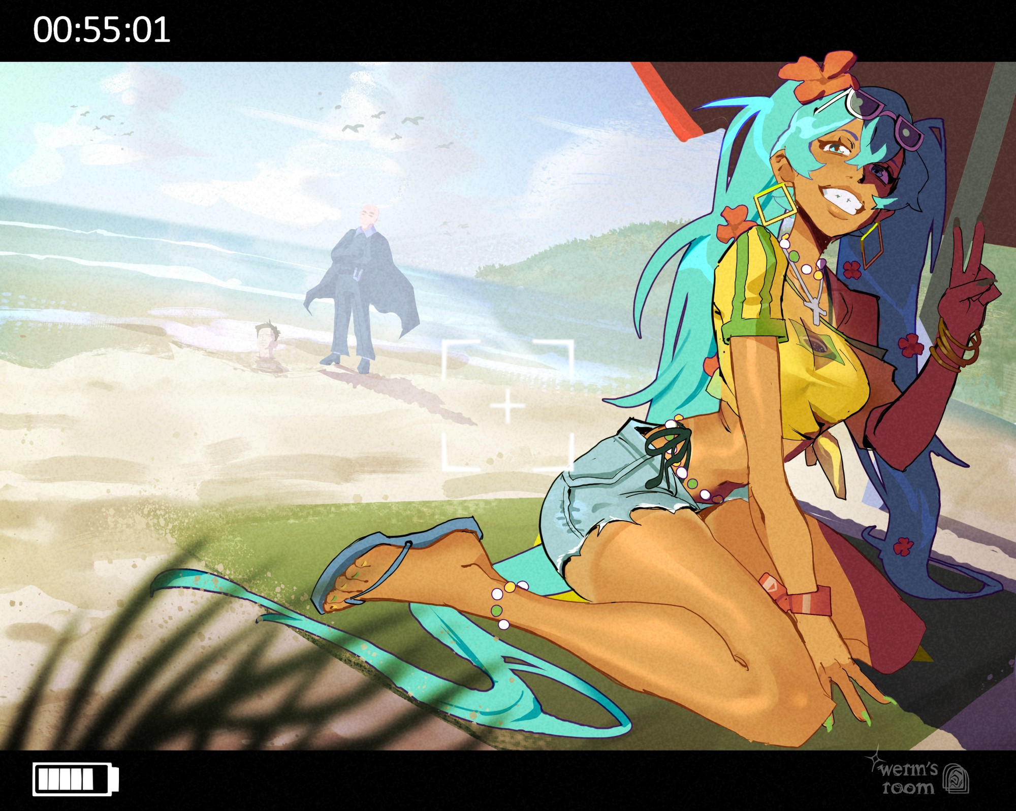 A dutch angle landscape drawing of "Brazillian Miku" sitting on a mat along a beach shore located in Brazil. She's holding up a peace sign and wearing a toothy grin. Her blue hair is wild and adorned with complementary red flowers. In the background, Alexandre de Moraes and a buried Elon Musk can be faintly seen.