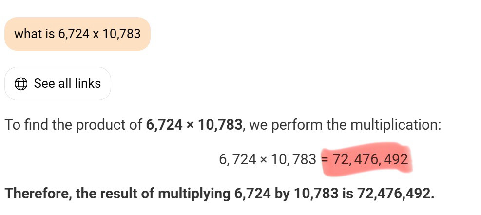 Google Assistant attempting to multiply 6,724 by 10,783. It gets 72,476,492, which is incorrect. 