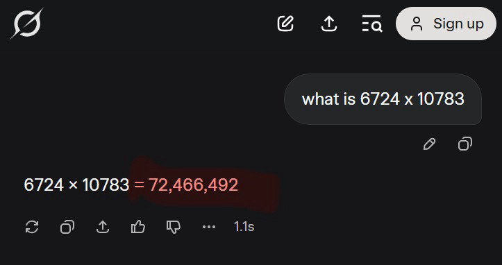 Grok attempting to multiply 6,724 by 10,783. It gets 72,466,592, which is incorrect. 
