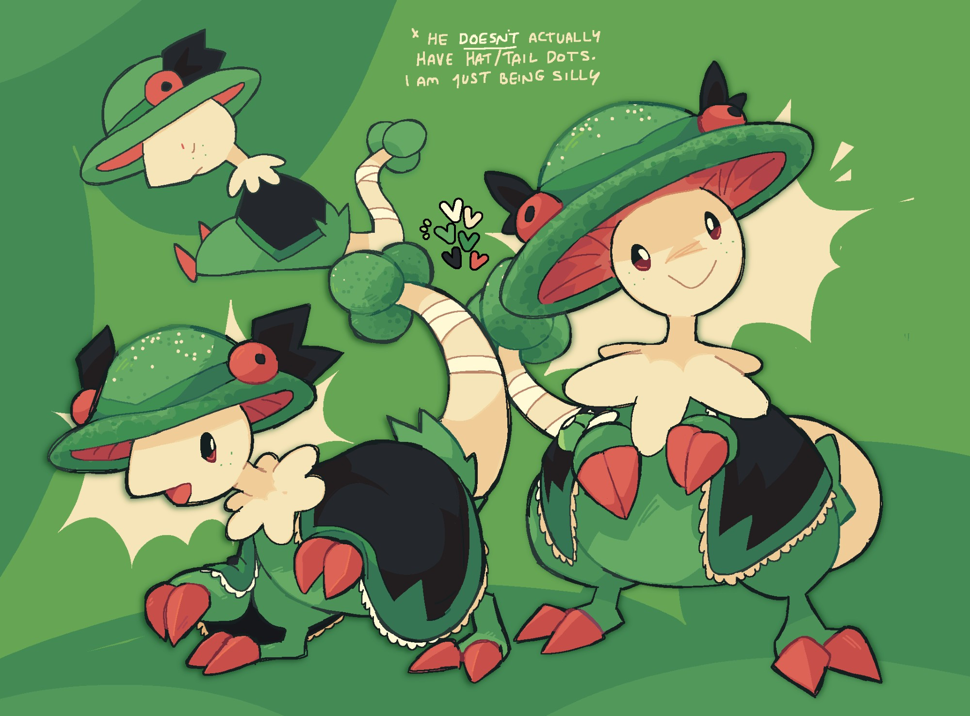 A reference sheet for a Breloom, named Mike. He has the regular Breloom colours of beige, green and red. He wears a black shawl with a green hem, that also has beige frilled edges lining it. The underside of his mushroom cap is red. There are bandages wrapped around the Breloom's tail, and the red fruits/olives on his head both have black leaf-like protrusions sticking out behind them. His tail and mushroom cap are decorated with a small amount of beige sprinkles.