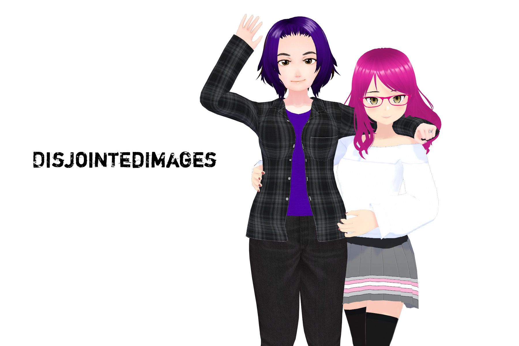 Image of two women in a close pose, arms wrapped around one another. The left side has the name "DisjointedImages" in text and the woman next to it is dressed in an open plaid button down with a purple shirt under it. Dark jeans. Medium length layered hair in purple. One hand is up in a greeting wave, the other around the shoulder of the person beside her. Next to her is a slightly shorter woman with hot pink hair and coordinating glasses. She has an off shoulder white sweater and grey skirt with pink and white stripes. Thigh high stockings can be seen on her legs. One arm is around the purple-haired lady's waist.