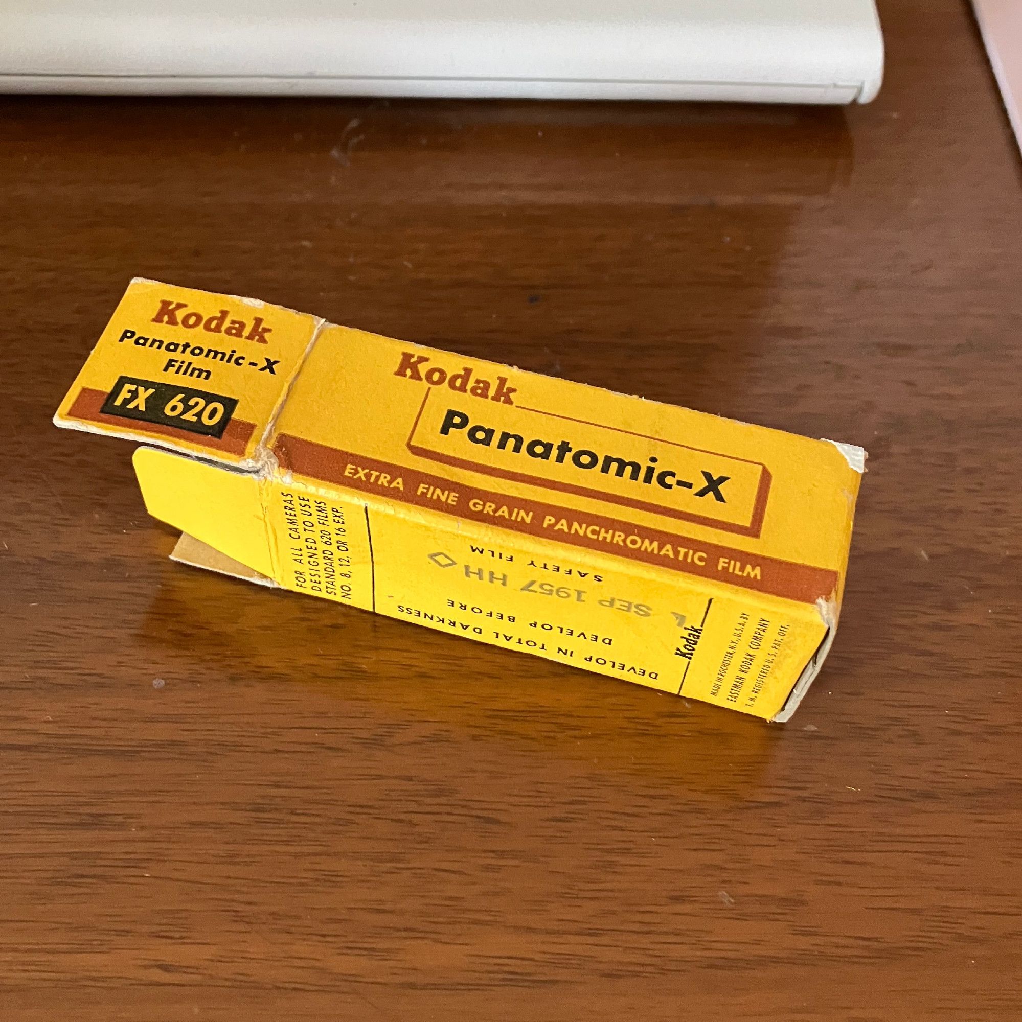 Box for Kodak Panatomic-X film. It has an expiry date of September 1957 and was packaged for cameras that use 620.