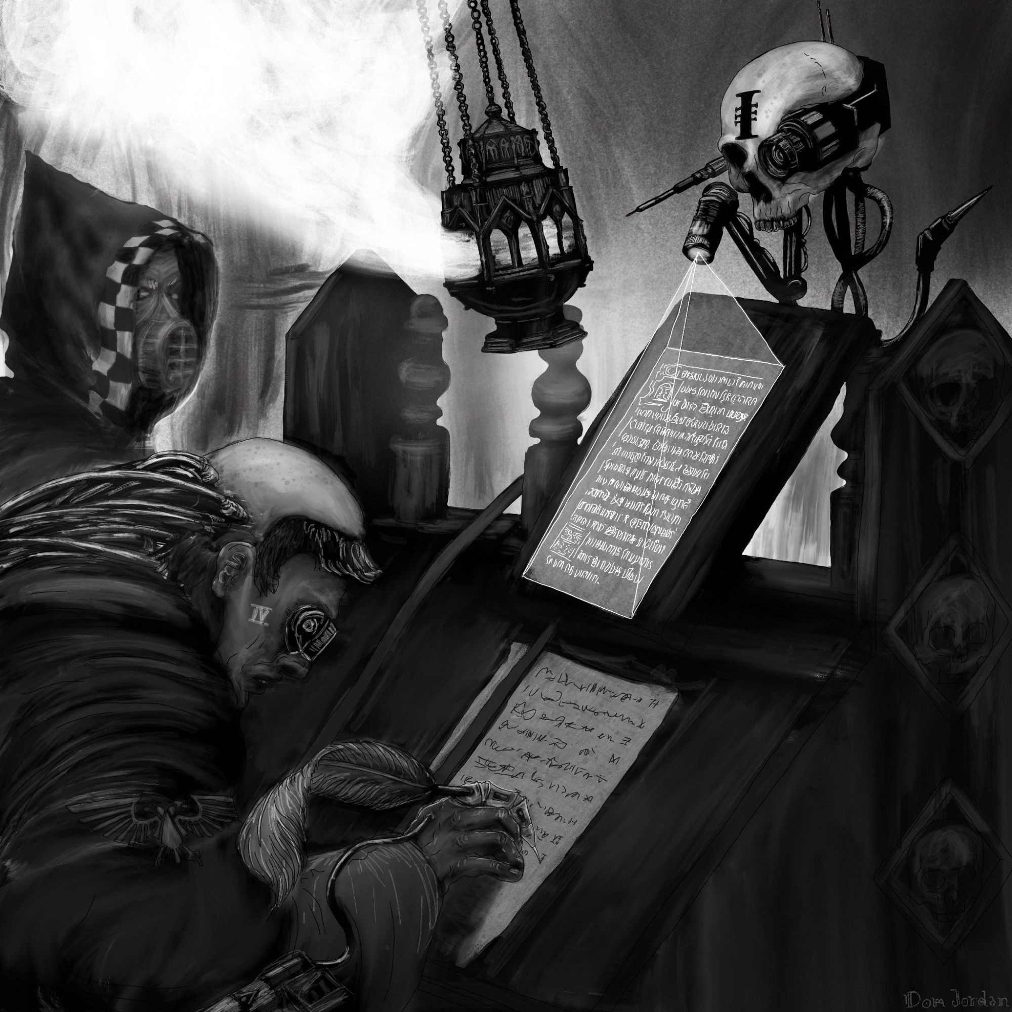 an administratum scribe hunches over their bench, transcribing from a document projected by a hovering servo skull. in the background is a second figure, hooded with breathing apparatus grafted to their face. a large censer swings above, belching smoke