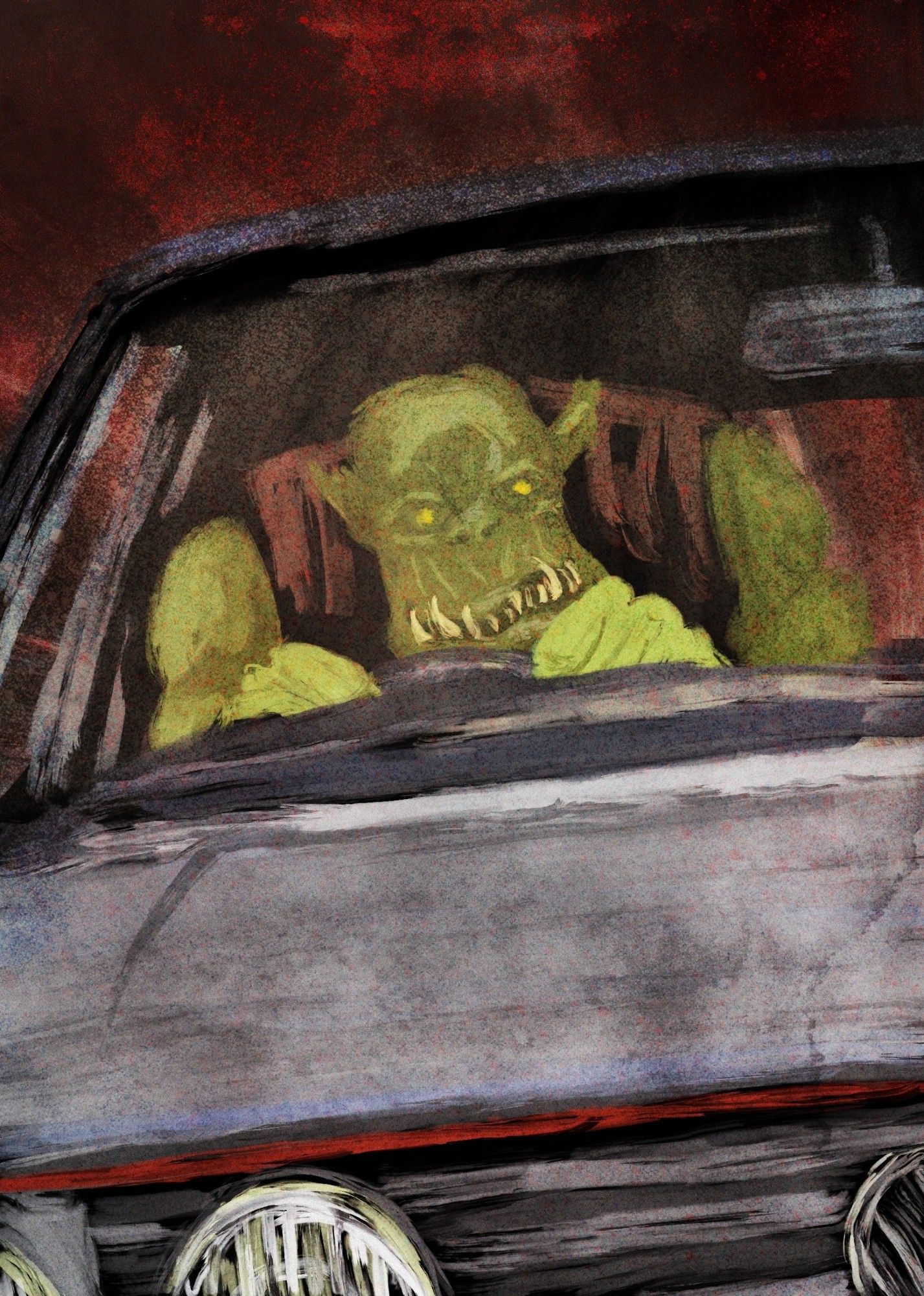 an ork hunches behind the wheel of a speeding 1980s volkswagen golf