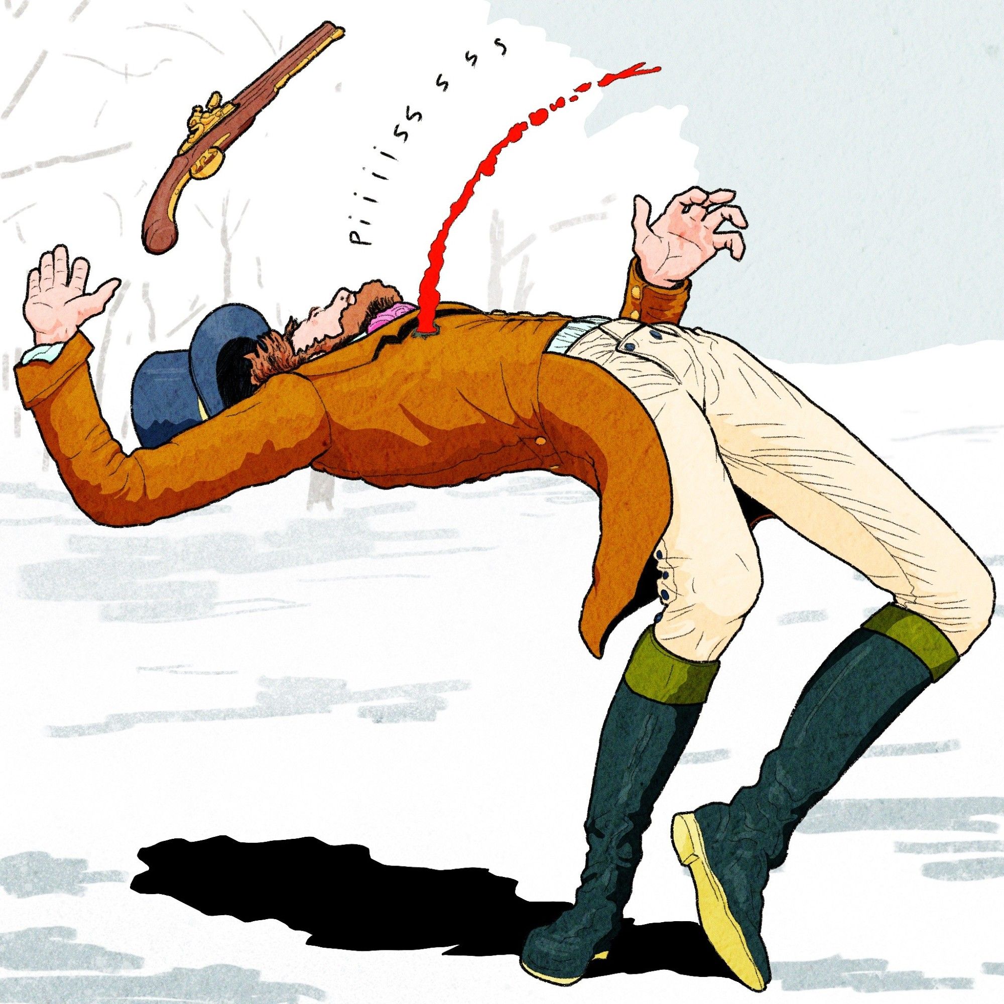 a wintery clearing - a bearded man falls to the ground, uttering "piiiisssss", the flintlock pistol flying from his hand, the top hat falling from his head, as blood arcs from a bullet hole in the breast of his tailcoat