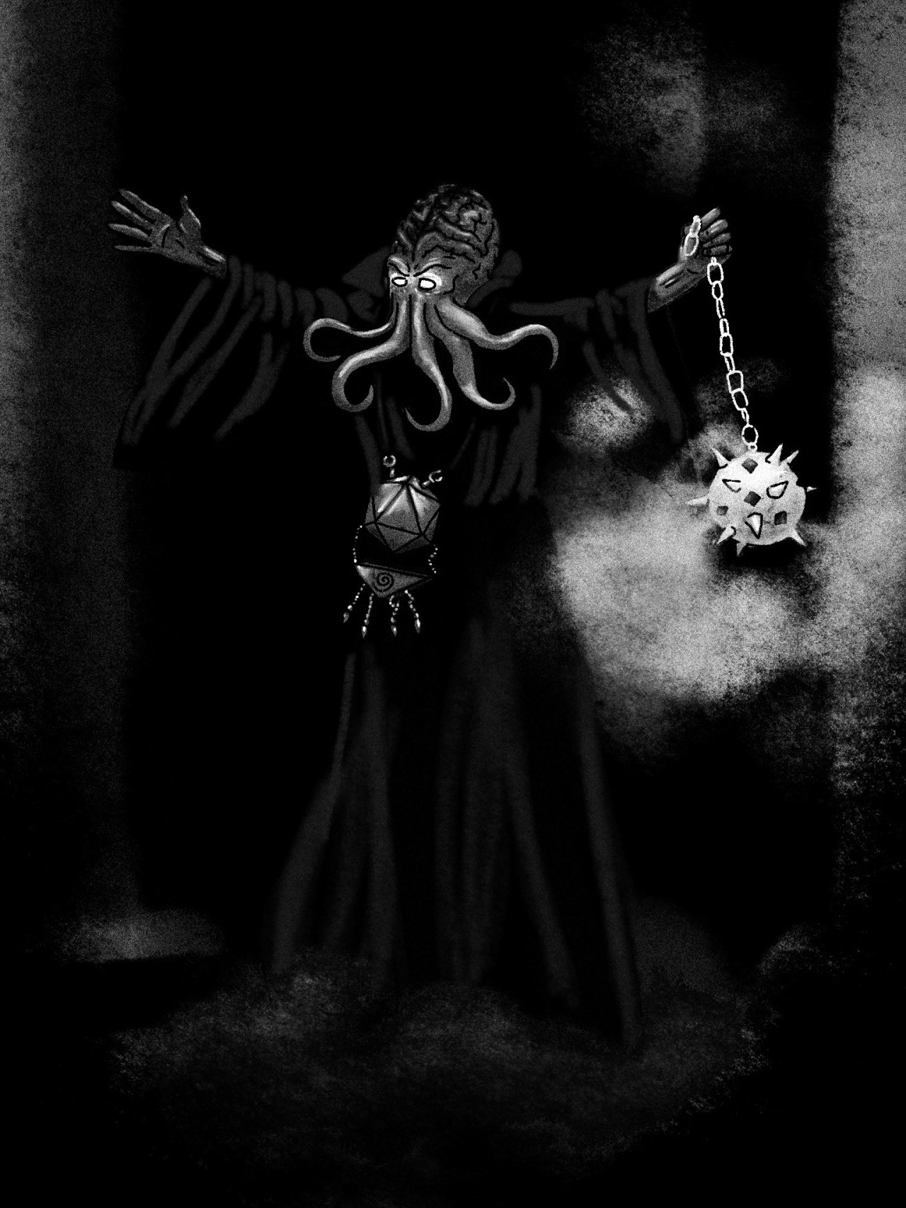 a dark and shadowy image of a robed mindflayer, arms wide, swinging a morning star censer