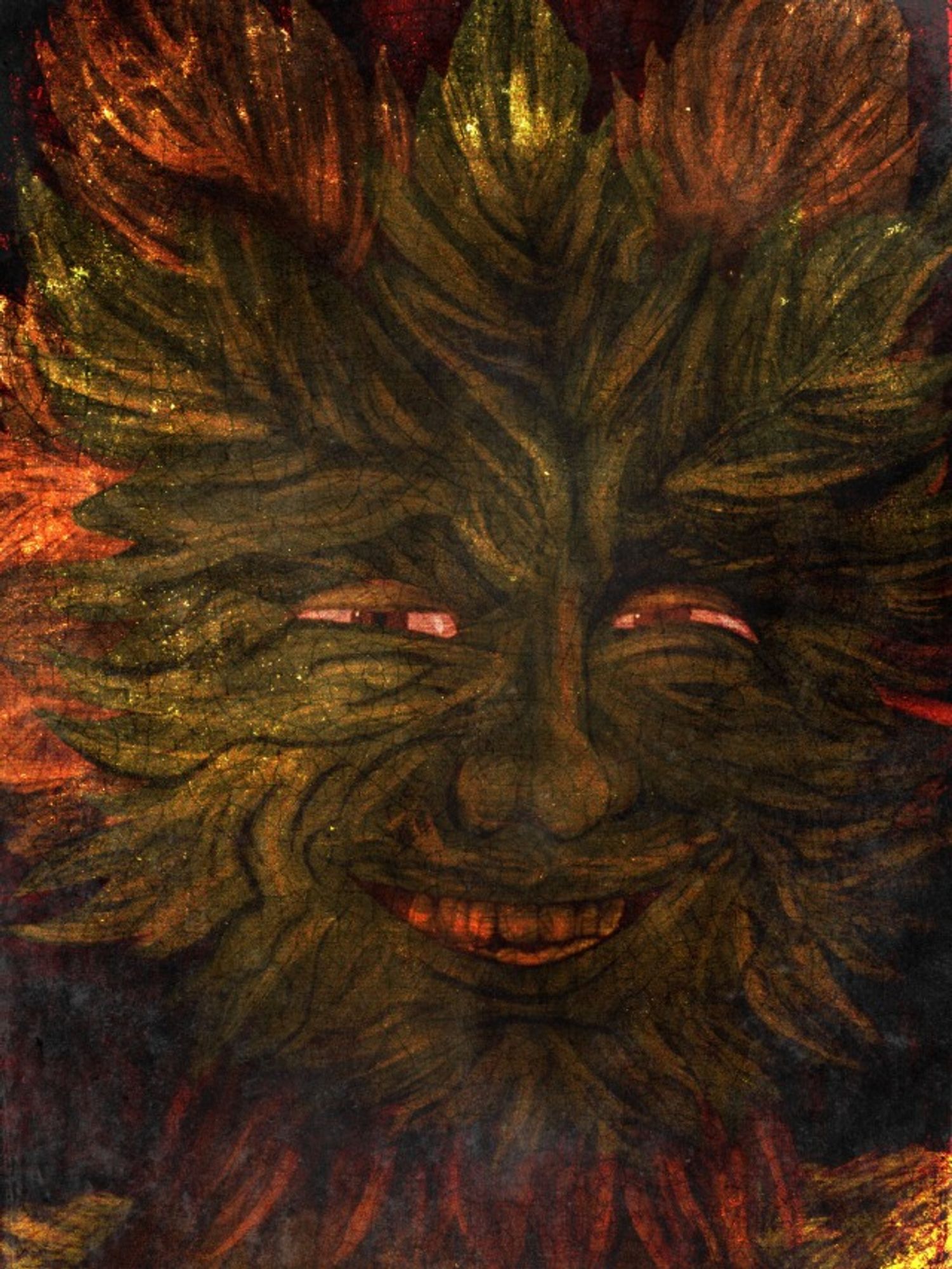 a portrait of a grinning green man, made to look like an eroded, unrestored old painting