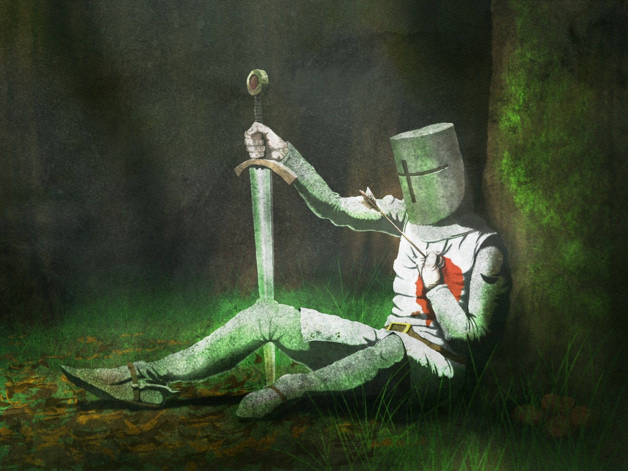 in a shadowy forest glade a knight sits dying, hand clutching the arrow shaft in their chest