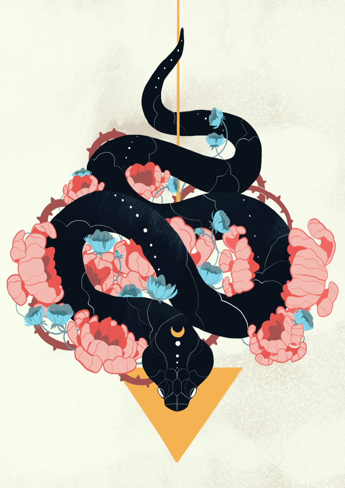 A black snake is depicted, slithering through peonies, On it's body white lines pick out designs of clouds, stars and a crescent moon on its forehead. around it are woven thorns among the flowers. The style is bold, blocky and colourful.