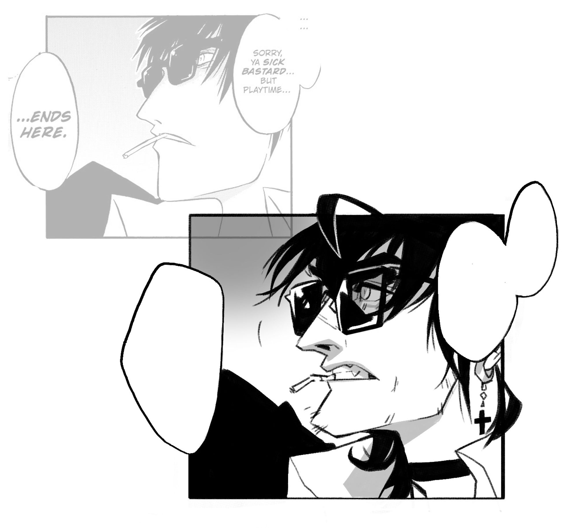 a comic panel commission example drawn in bold black inks with simple shading. It's a redraw of a Trigun comic panel: Wolfwood, shocked, stares off panel, a cigarette hanging from his lips.