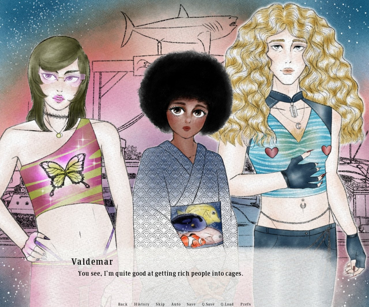 Three characters lined up in a row. Dash, who has green hair and is wearing a pink butterfly top, butterfly sunglasses, and tight pink pants with a whale tail thong, Saturday, whose hair is in an afro and is wearing a yukata ensemble featuring an adorable ocean fish pattern, and Val, who is a tall blond vampire in a sheer turquoise crop top with red heart pasties, leather pants, fingerless gloves, and a razor blade necklace. There is a visual novel text box that reads "Val: You see, I'm quite good at getting rich people into cages."