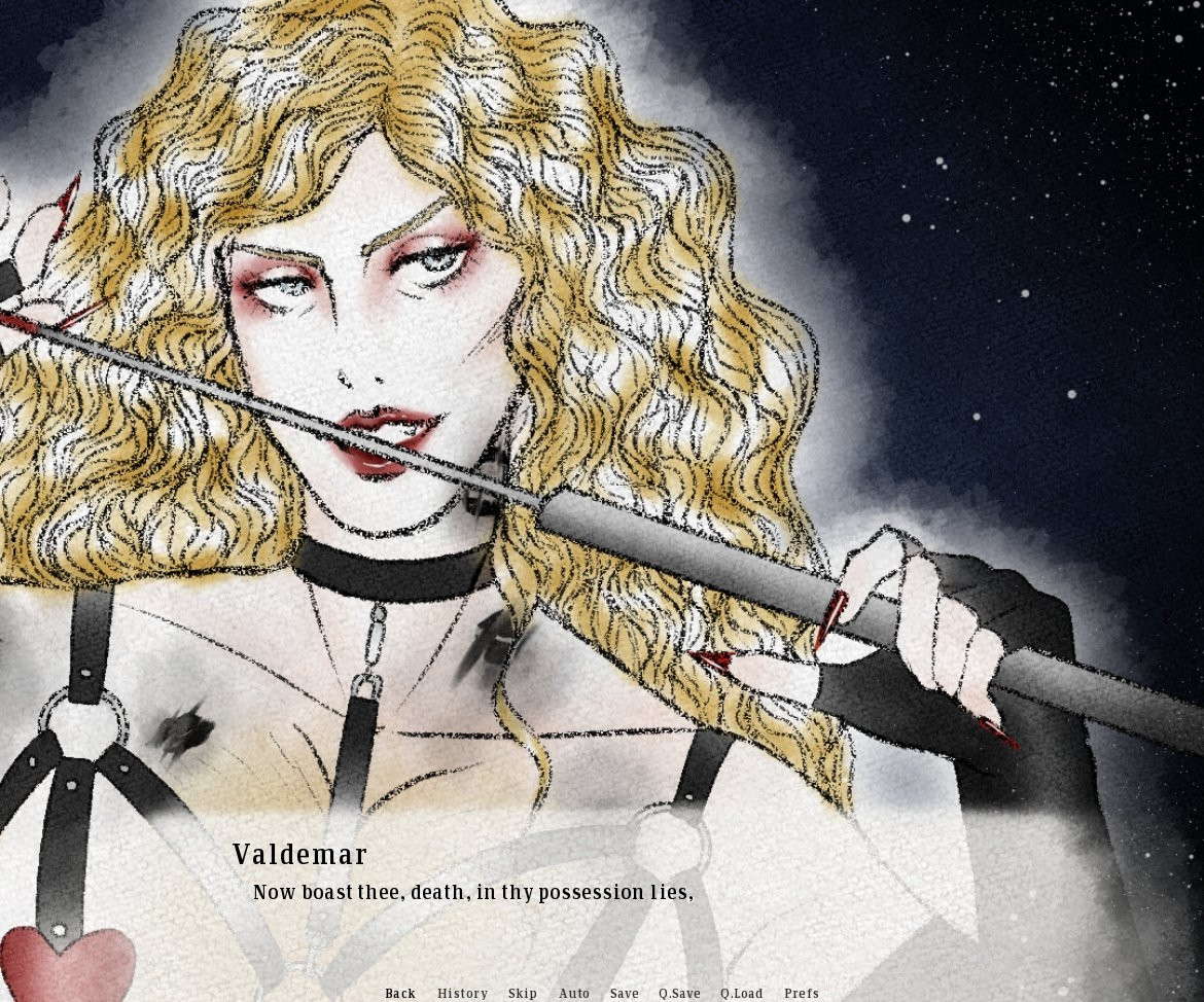 A portrait of a vampire with long blonde hair, red lipstick, and long red nails wearing a BDSM harness holding a violet wand. He is covered in black lipstick kiss marks. There is a visual novel text box with the beginning of a line from Antony and Cleopatra (Now boast thee, death, in thy possession lies...)