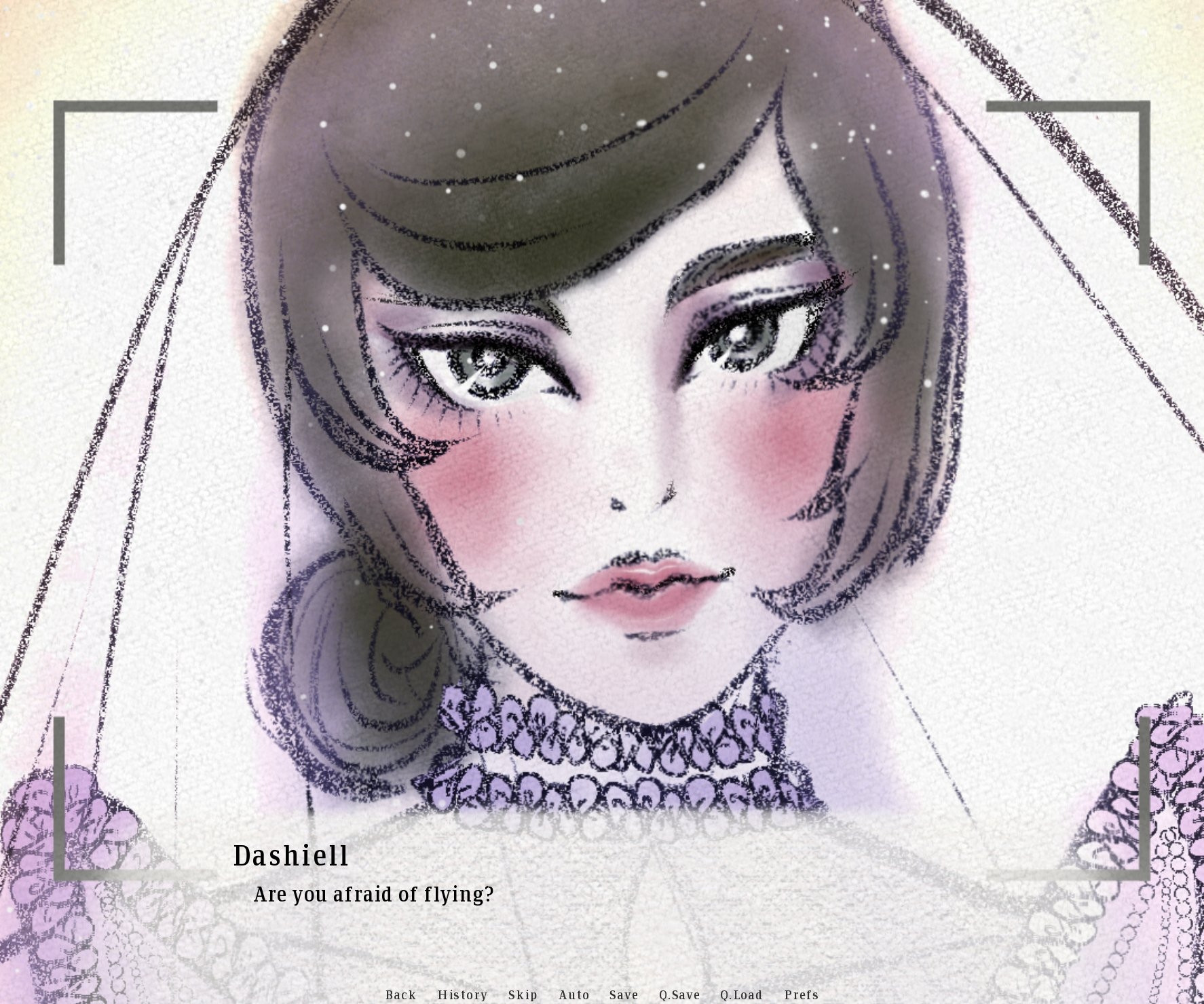 A beautiful person with warm and inviting green eyes in a wedding dress and veil covered in glitter and bathed in sunlight. There is a visual novel text box underneath that reads "Are you afraid of flying?"