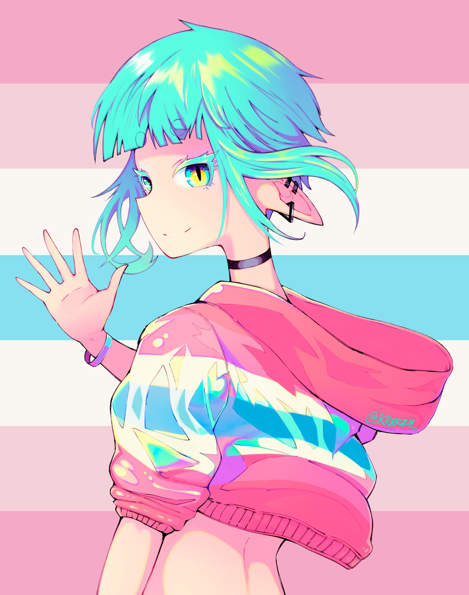 Original Character (Kharzy) looking at viewer with a happy expression and greeting with his hand. Kharzy wears a crop hoodie with the colors of the femboy flag.
The background is the femboy flag as well.