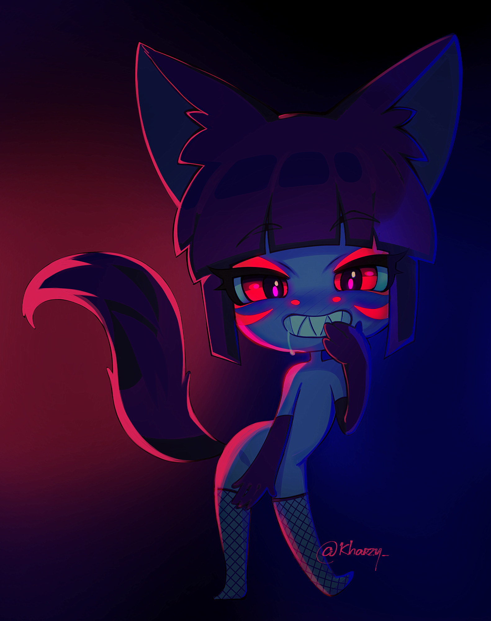 Zharyf in chibi style form, wearing only black long gloves and fishnets.
He's covering his crotch with one hand and smiling in a naughty, playful way.

Alternative version in a dark and lustful ambient, with red and deep blue lights.