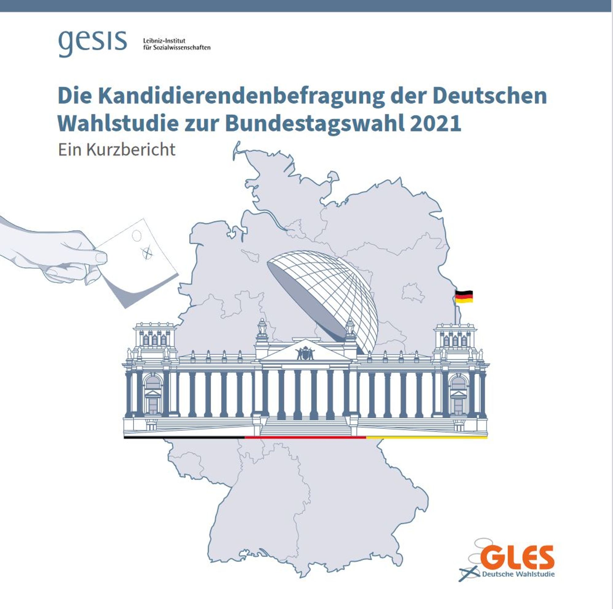 The cover of the short report on the GLES Candidate Study 2021, which shows a map of Germany and the building of the German parliament (Reichstag)