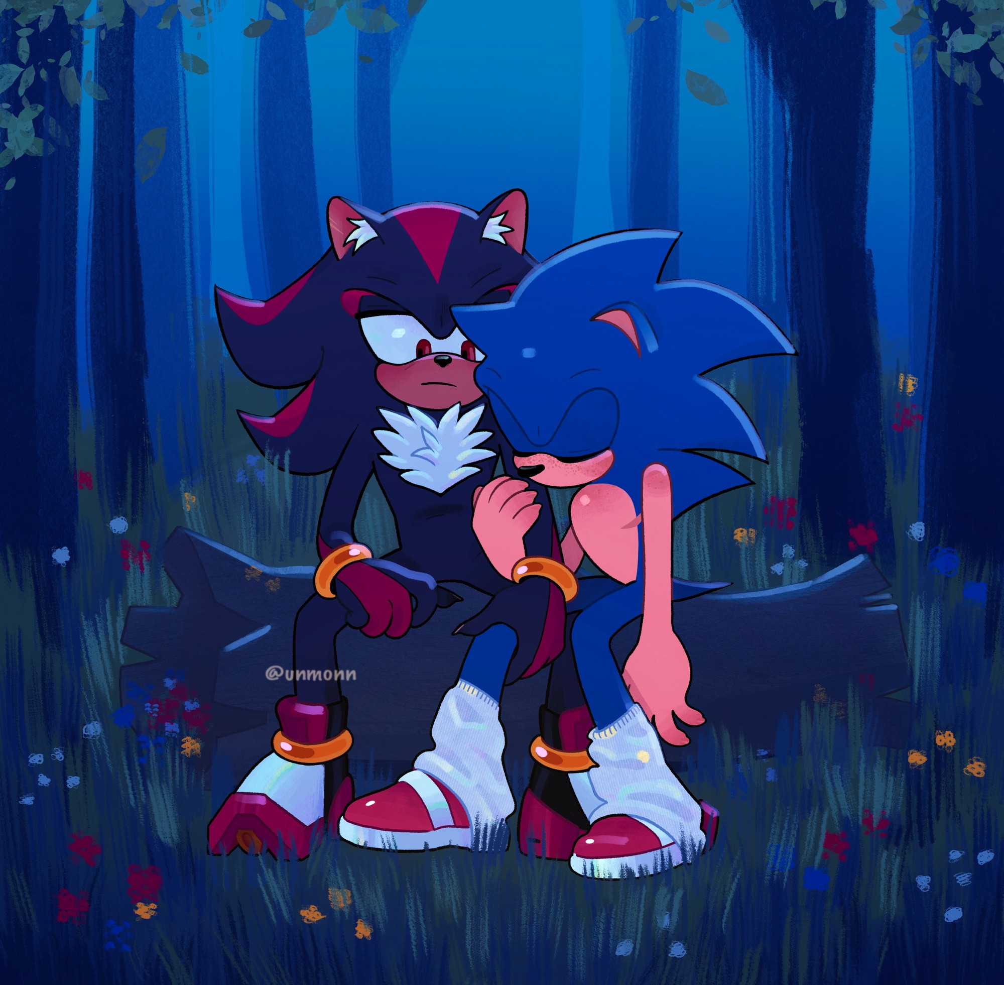 sonic and shadow resting in a forest after a race ⭐️