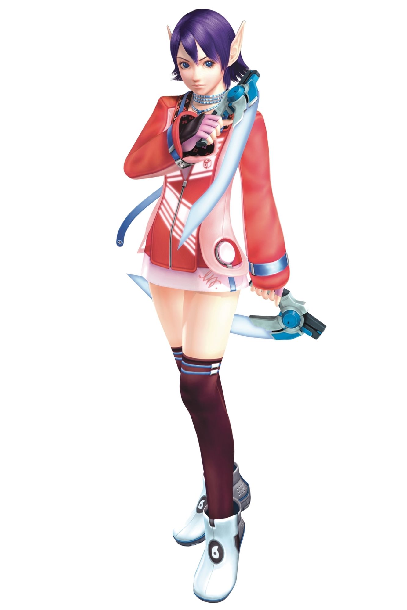 Karen is a woman of average height with fair skin, tall elf-like ears, short blue hait and blue eyes. She wears a short pink and white dress with long sleeves and tall dark maroon thigh high socks with short ankle boots. She is armed with blue dual photon daggers.