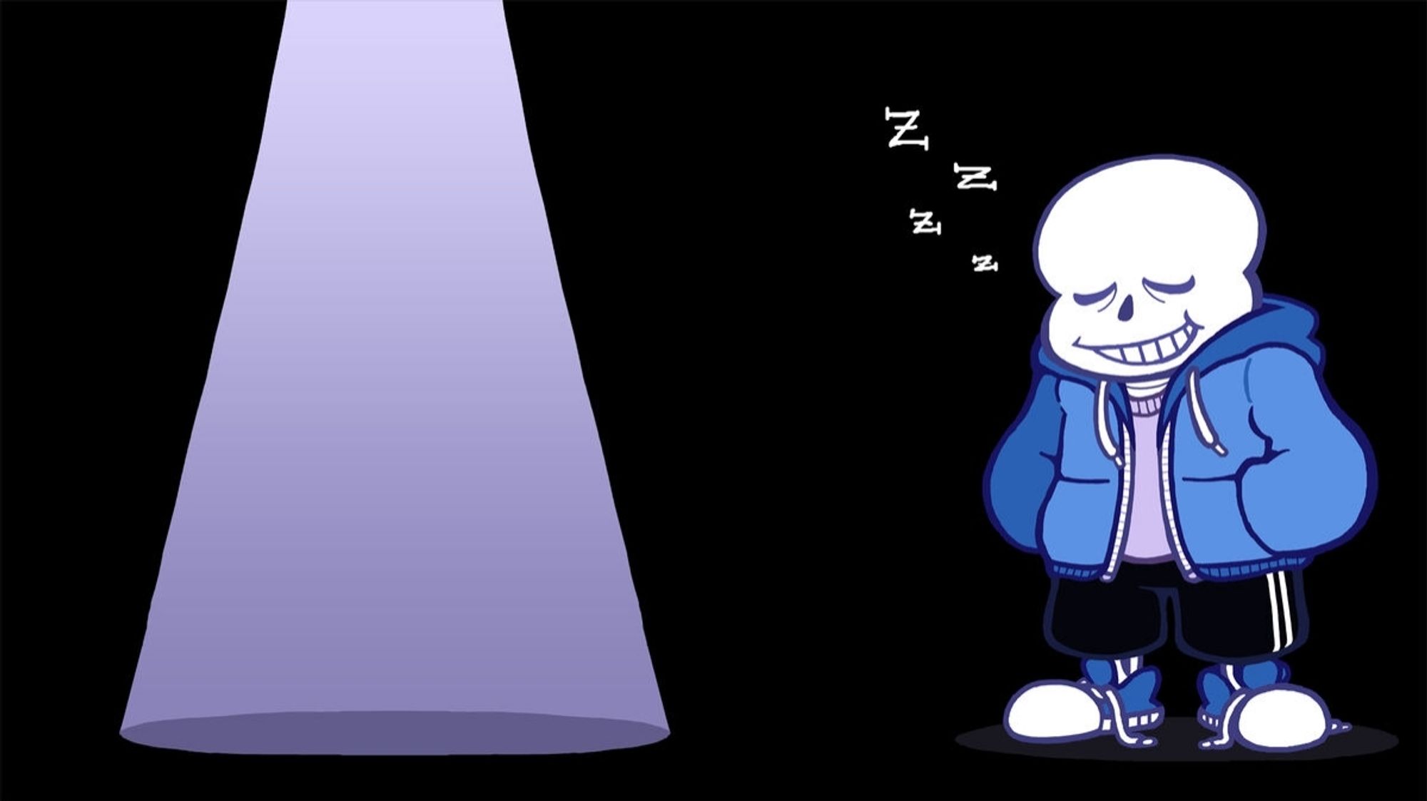 Sans is a short, stout, cartoony skeleton that wears a blue hoodie, white t-shirt, black shorts with white stripes down the sides, and untied sneakers.