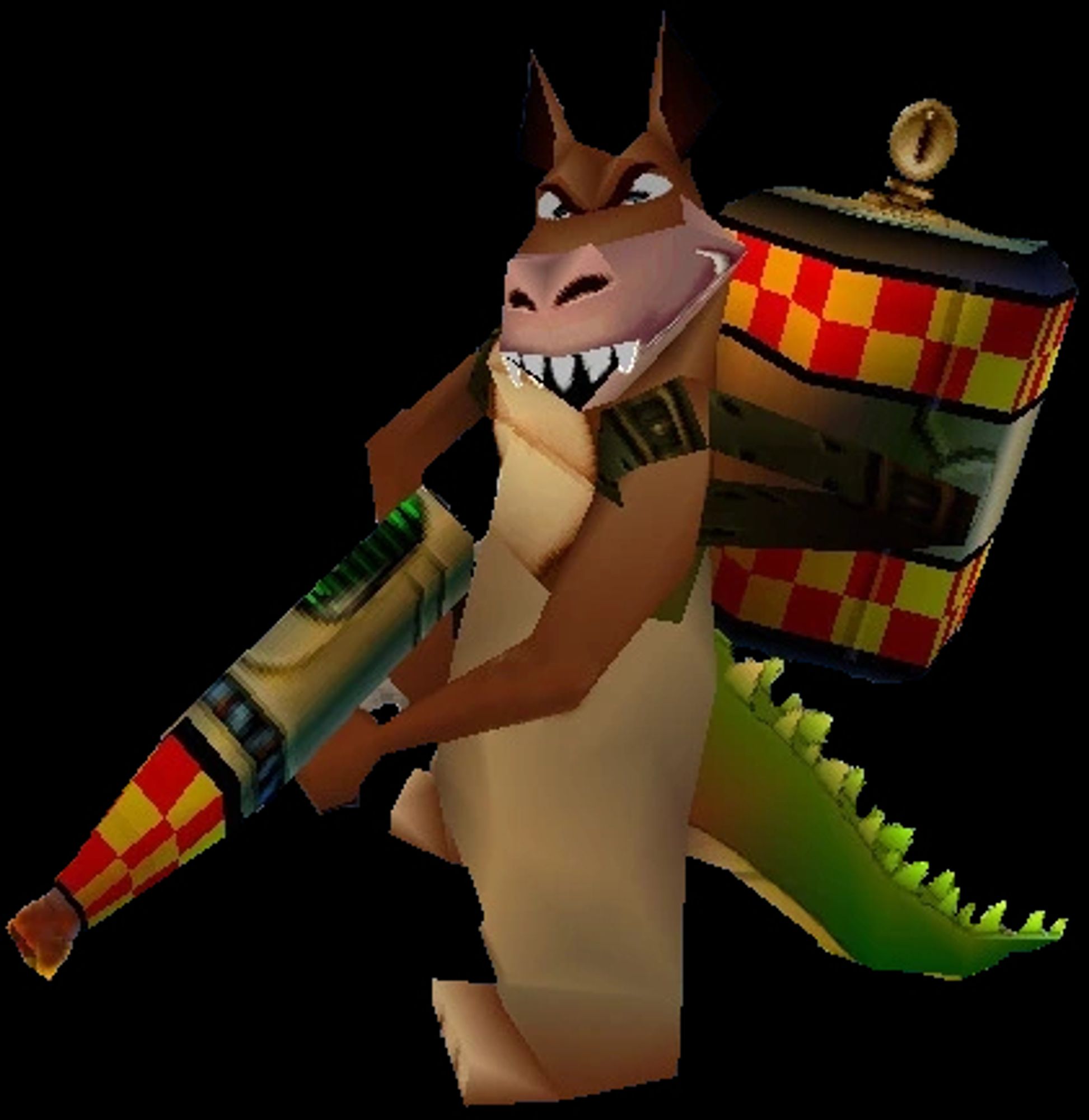 Dingodile is a genetically enhanced hybrid of a dingo and a crocodile, having a crocodile's body and tail, and characteristics of a dingo with an Australian accent. He's equipped with a flamethrower with a fuel drum strapped to his back. He is shirtless and wearing Khaki pants.