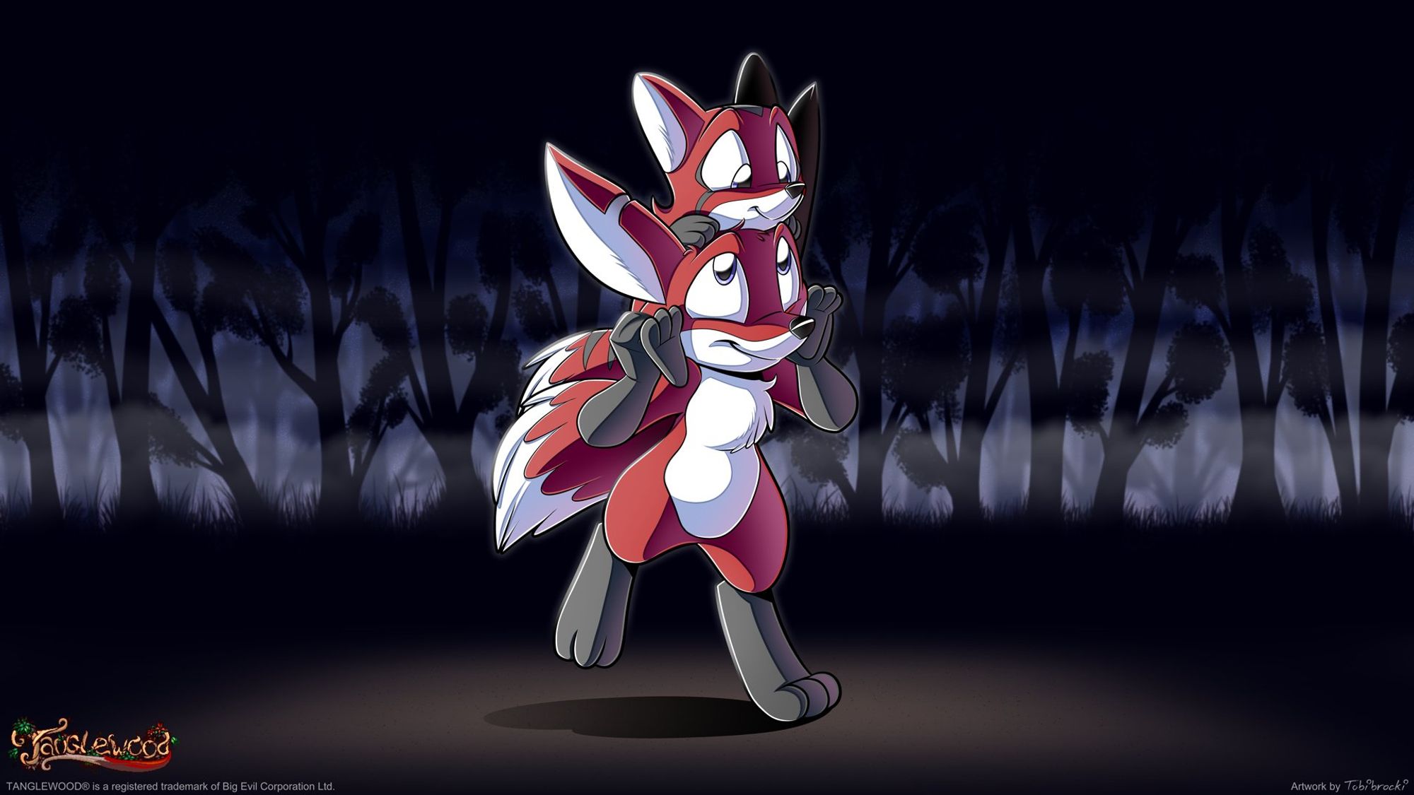 Nymn is Tanglewood’s protagonist, a shy creature from a family-oriented species called the Djun race, who survive in packs, live underground, and only emerge during daylight. They resemble Fennec Foxes with red and white fur, with black arms and feet. This picture shows Nymn carrying a smaller Djun named Echo on his shoulders.