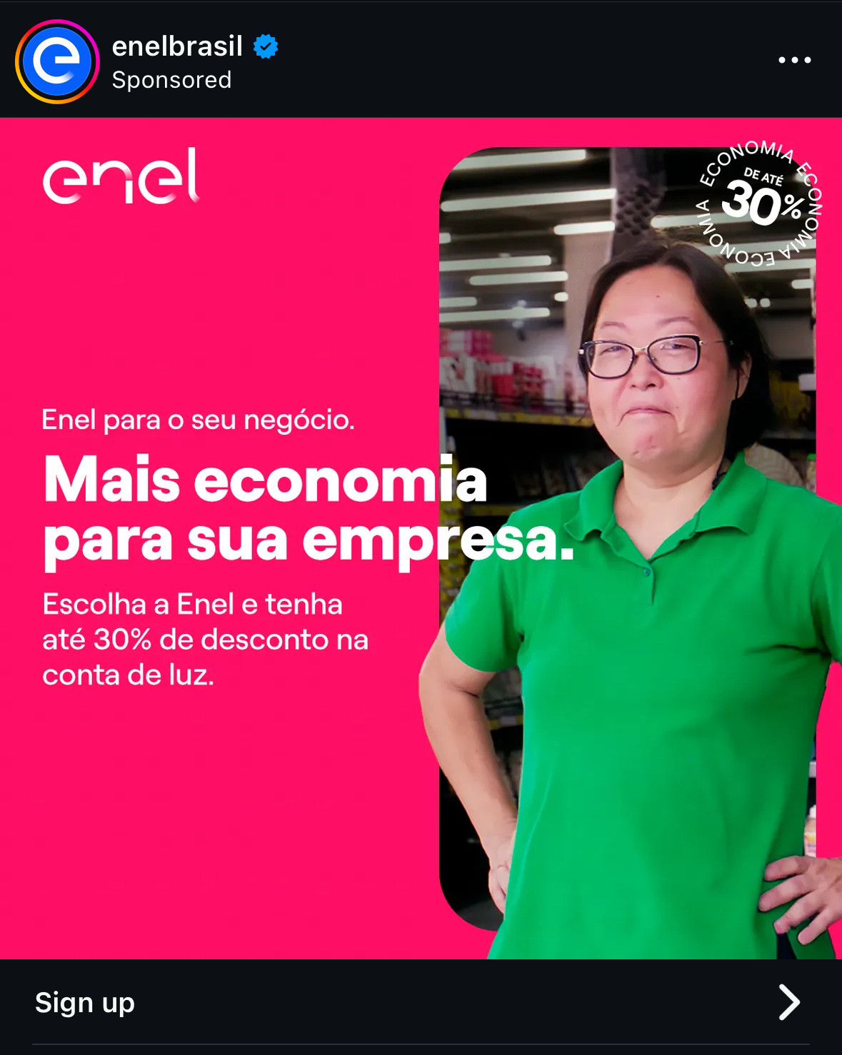 Captura de tela mostrando post patrocinado no Instagram com texto “Enel para o seu negócio.
Mais economia para sua empresa.
Escolha a Enel e tenha até 30% de desconto na conta de luz.”