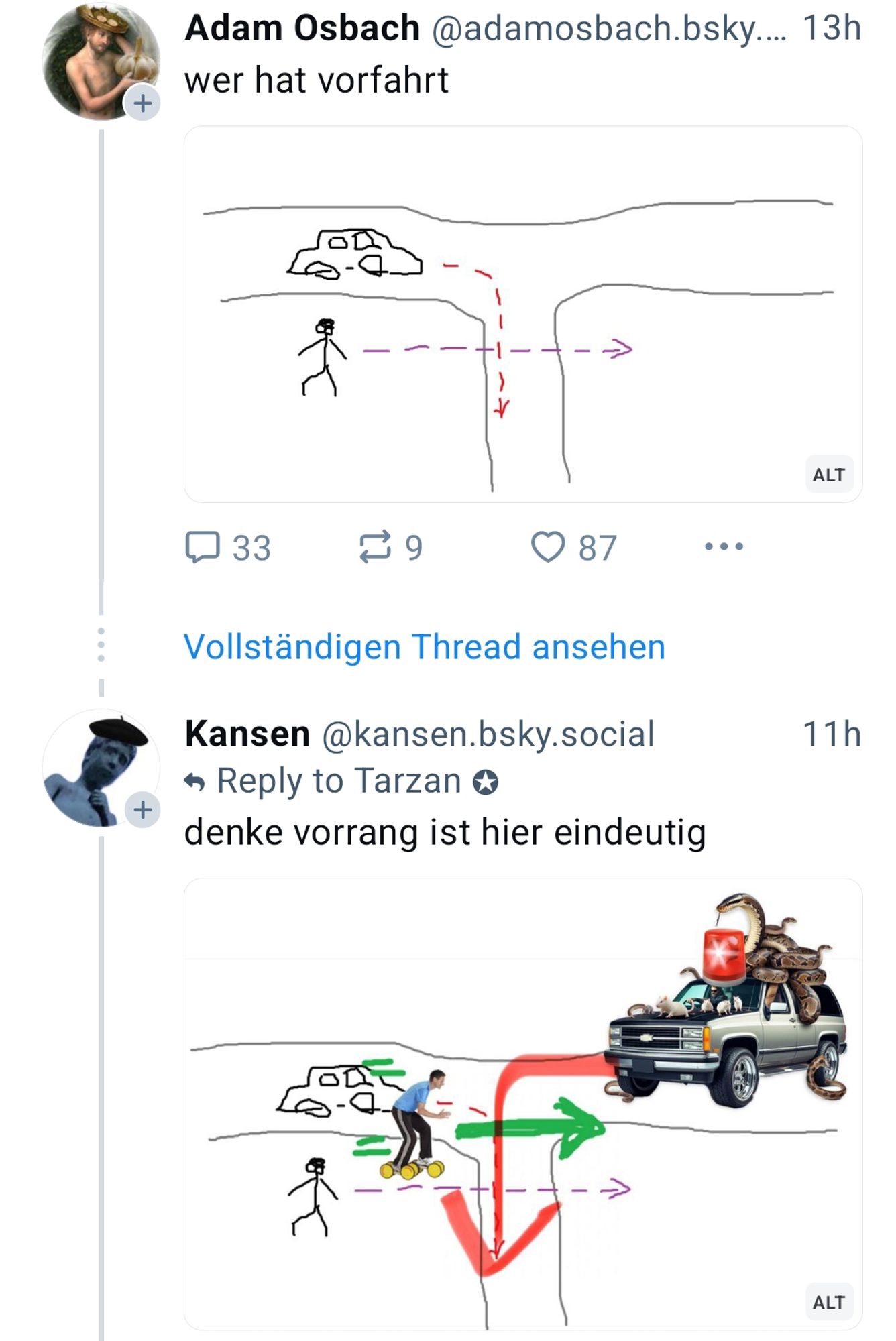 ein screenshot des Ursprungsskeets sowie des skeets auf den ich geabtwortet habe, verbunden durch ein "Vollständigen Thread ansehen"-Link.