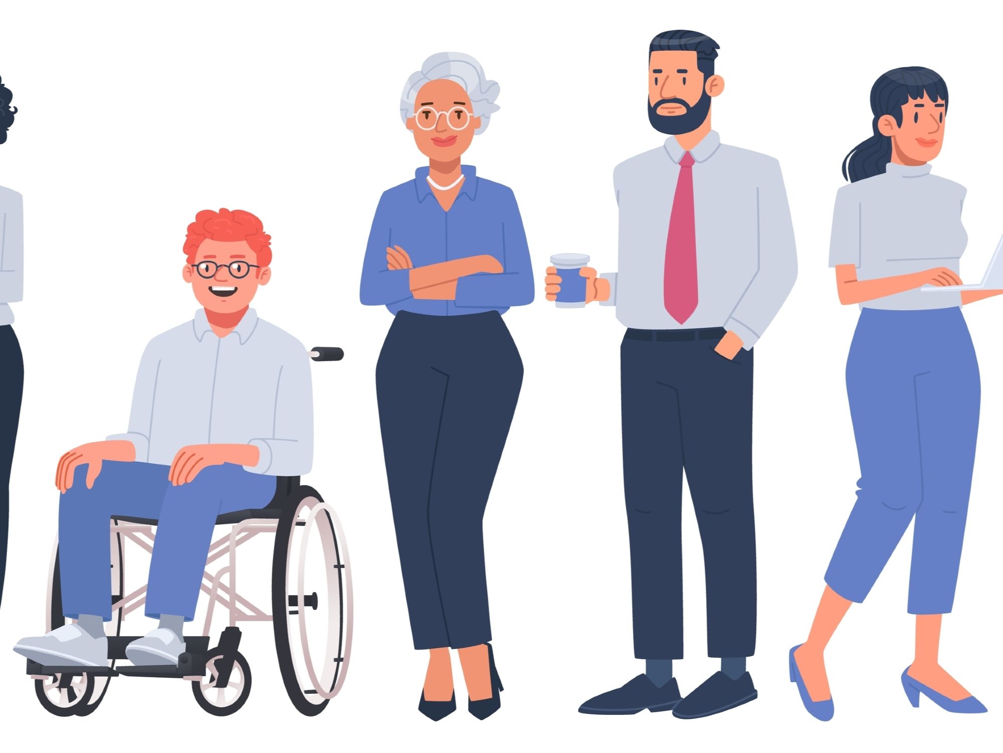 An illustration of ten diverse individuals standing in a row. They vary in age, ethnicity, and gender. One person, who has short red hair and glasses, is seated in a wheelchair. Others are standing, dressed in a mix of business and semi-casual clothing. Some hold items such as a laptop, coffee cup, and clipboard, while others stand with their arms crossed or hands clasped