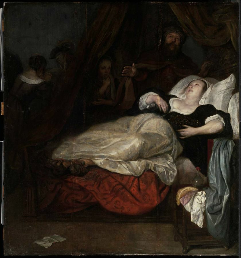 17thC painting of a clothed woman lying ill on a bed, with figures in the darkened background looking worried.